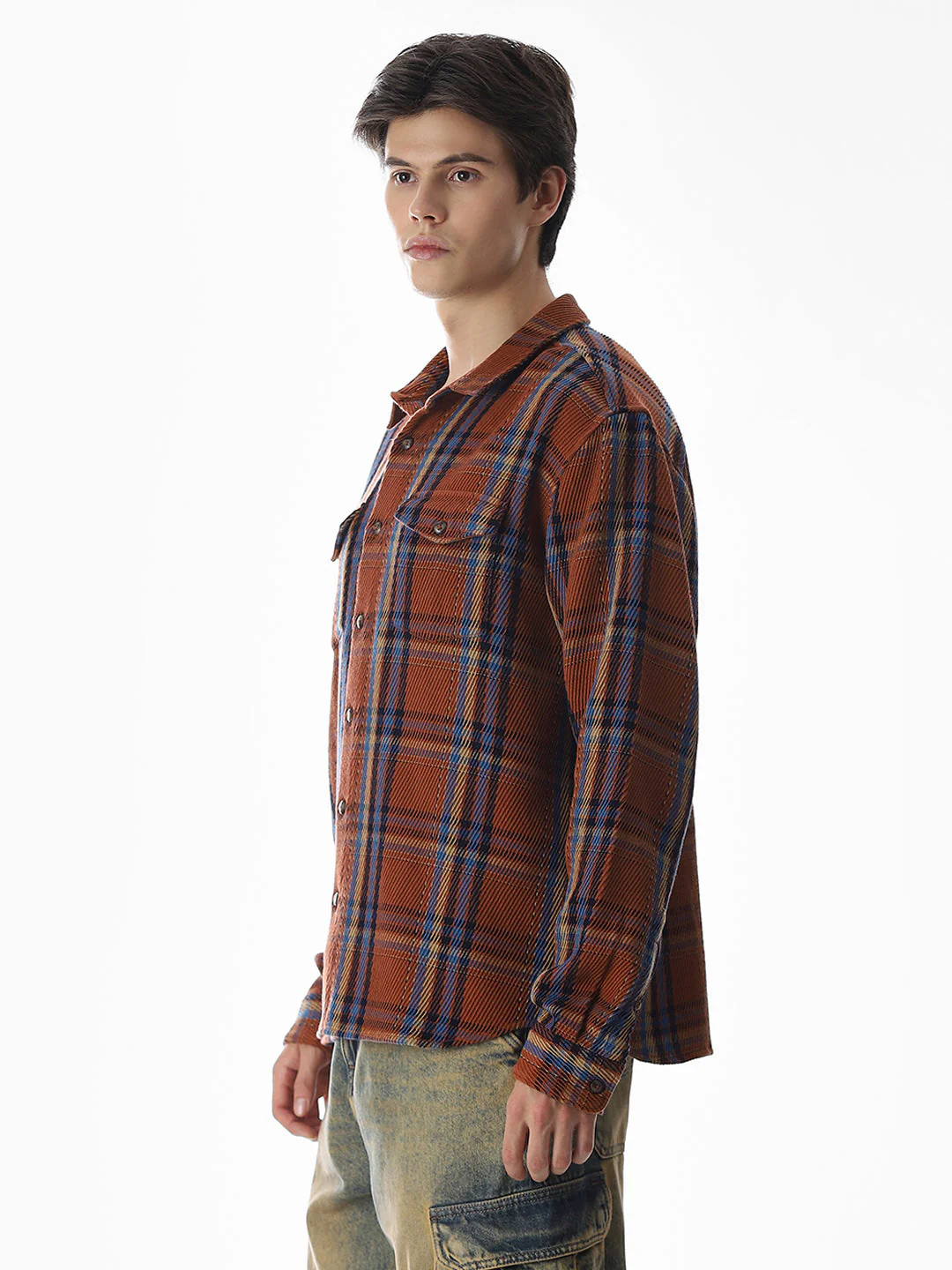 Dark Brown Check Print Overshirt - Image 3