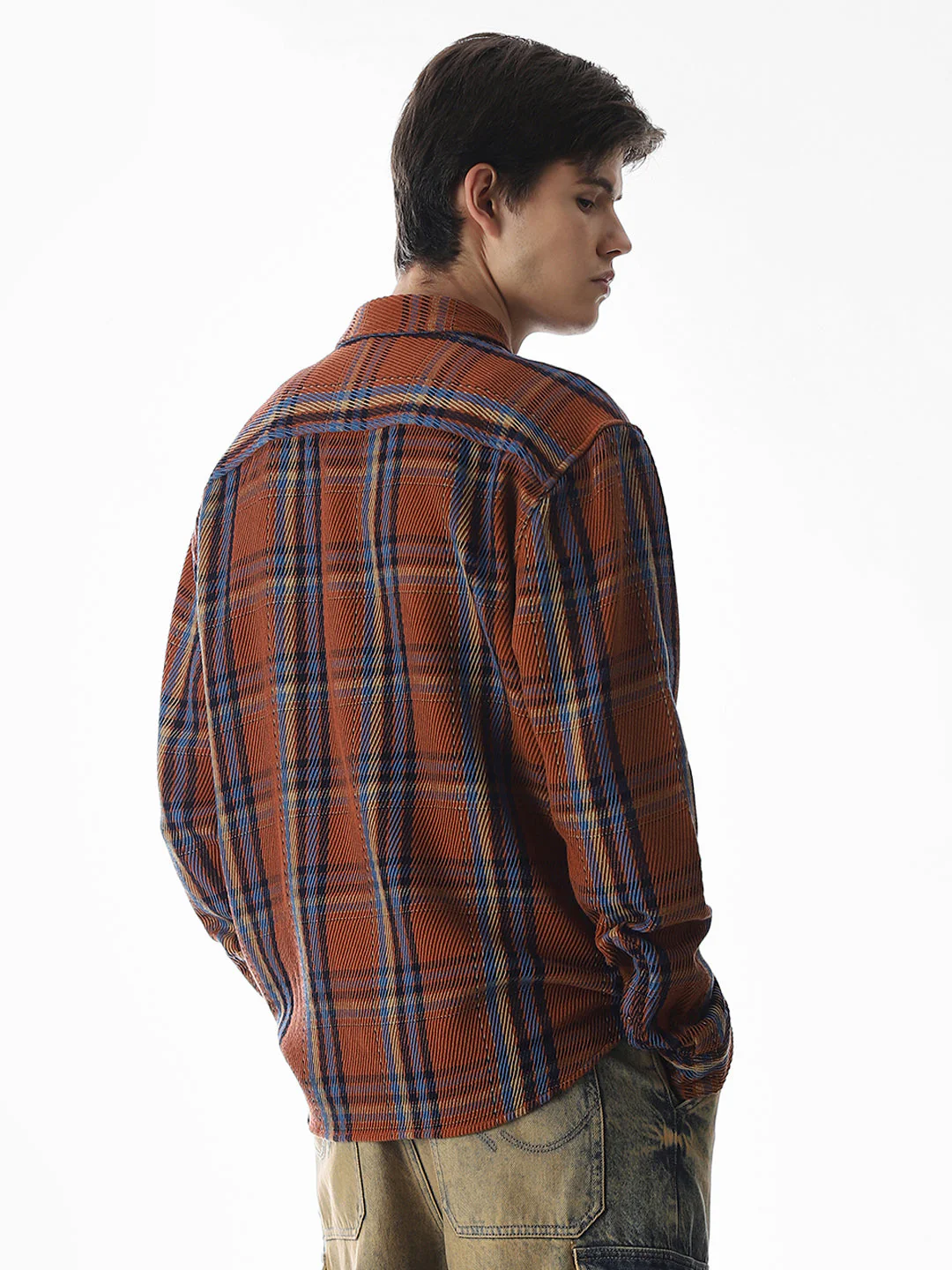 Dark Brown Check Print Overshirt - Image 4