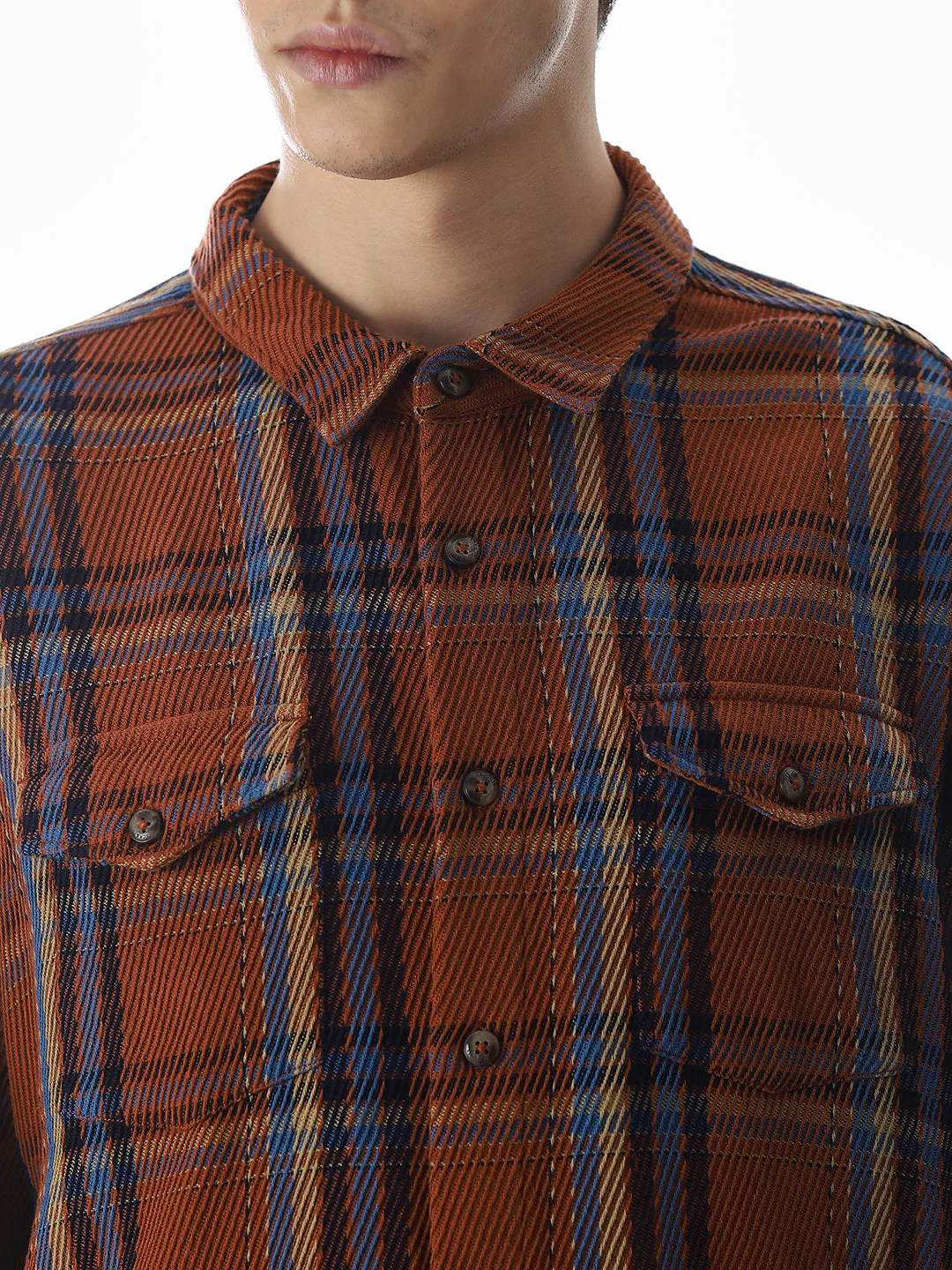 Dark Brown Check Print Overshirt - Image 5