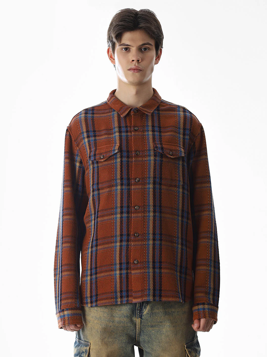 Dark Brown Check Print Overshirt - Image 8