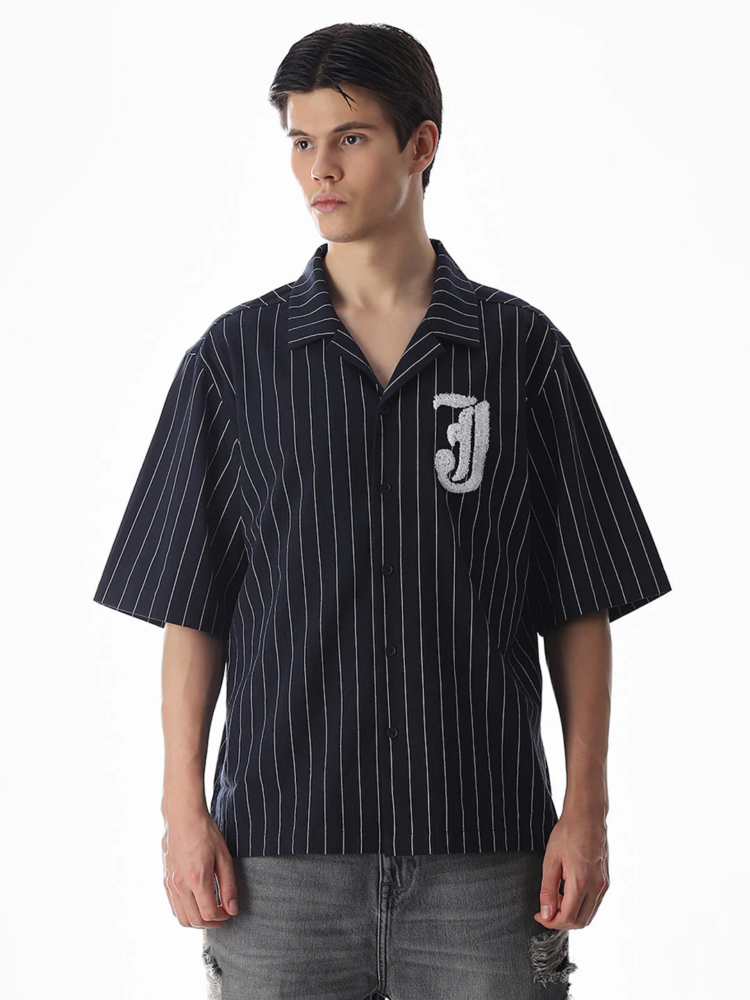 Dark Blue Embroidered Striped Oversized Shirt - Image 2