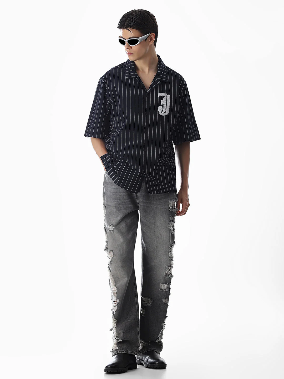 Dark Blue Embroidered Striped Oversized Shirt - Image 6