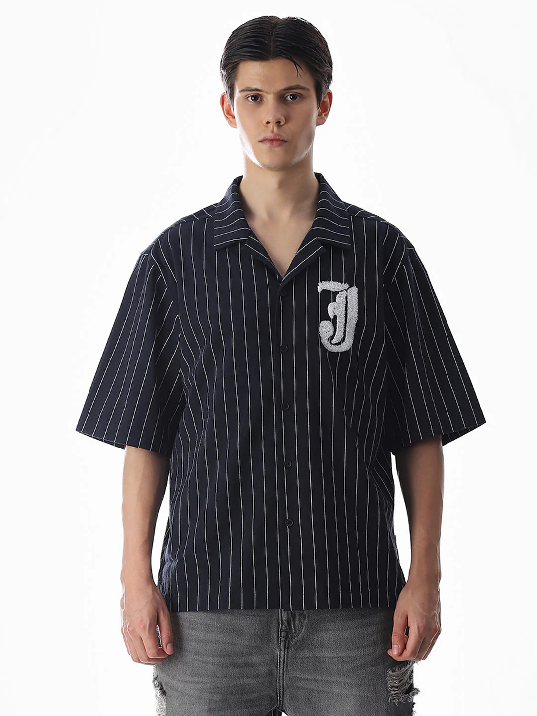 Dark Blue Embroidered Striped Oversized Shirt - Image 8