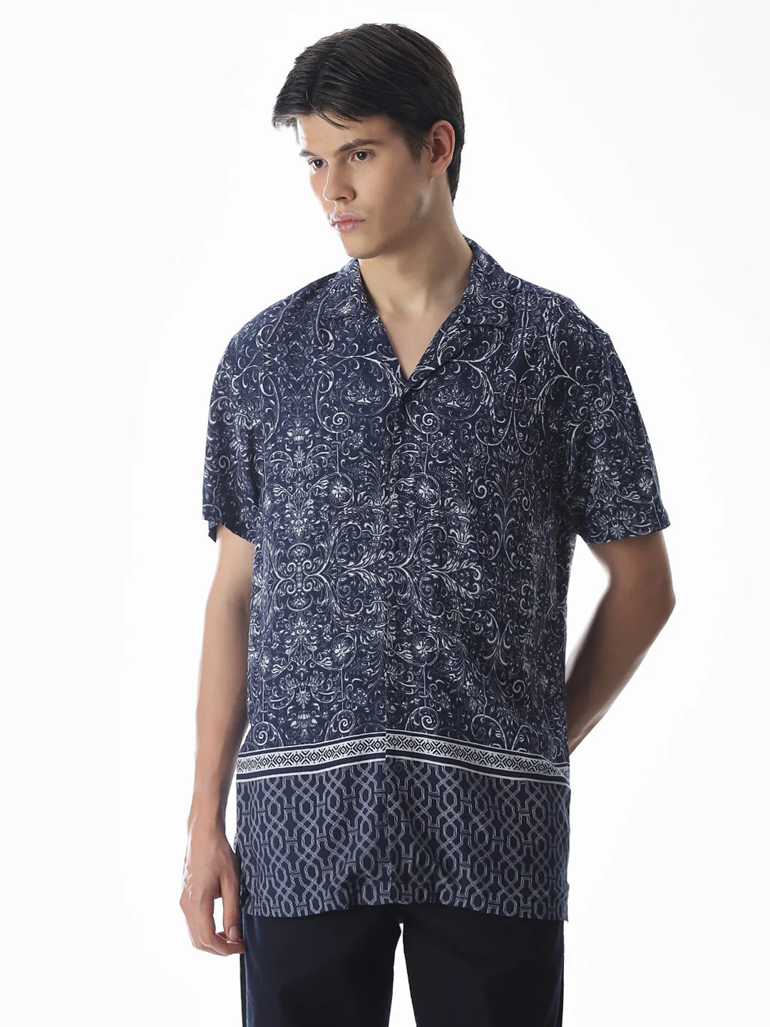Blue Printed Viscose Comfort Fit Shirt - Image 2