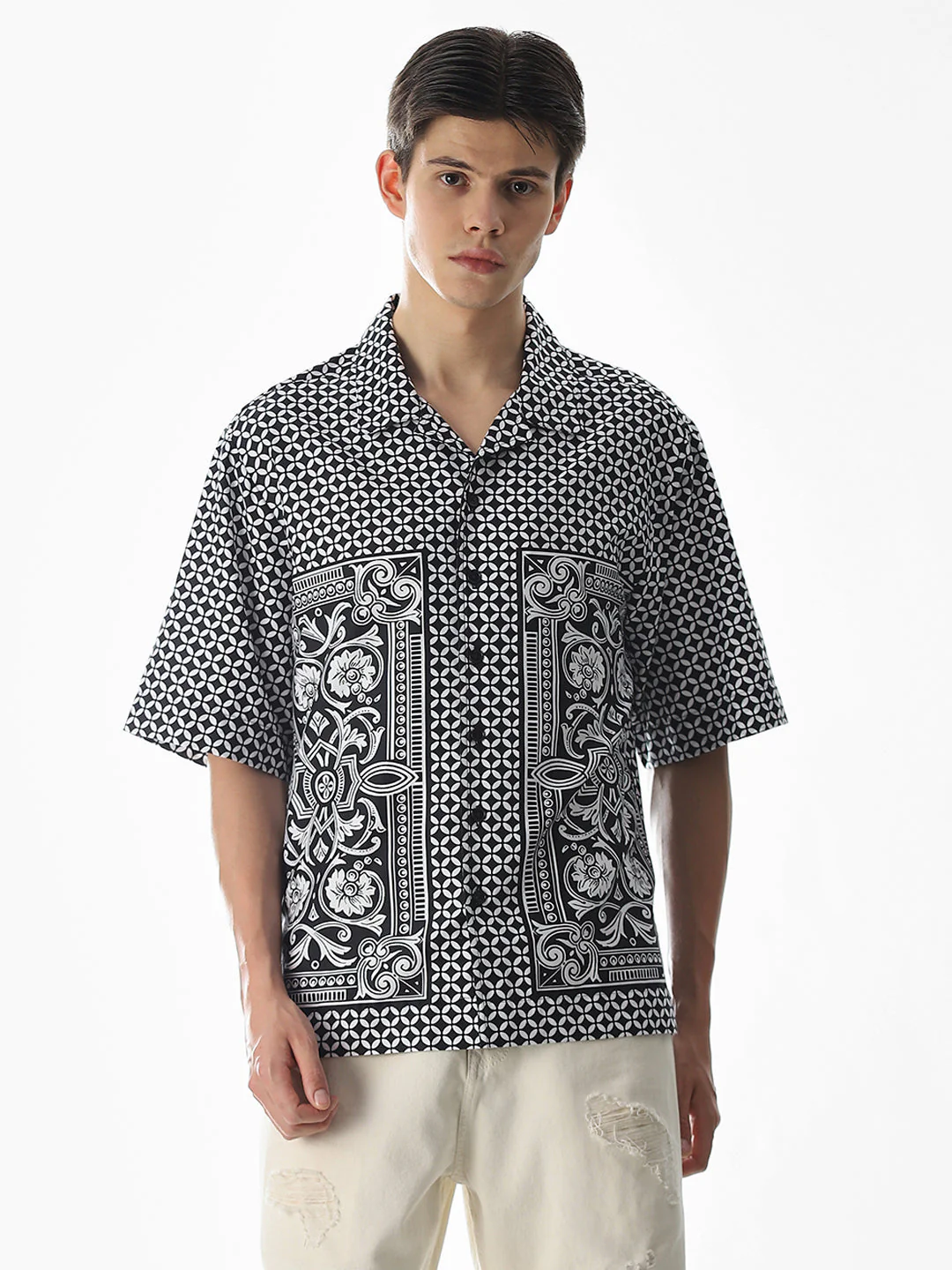 Black Abstract Print Oversized Shirt - Image 2