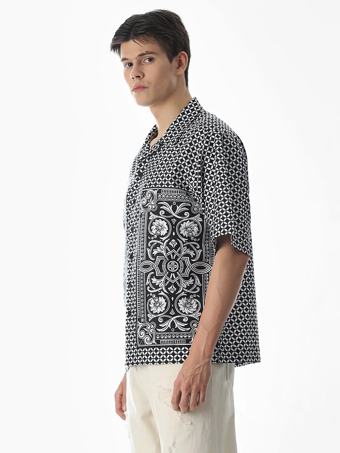 Black Abstract Print Oversized Shirt - Image 3