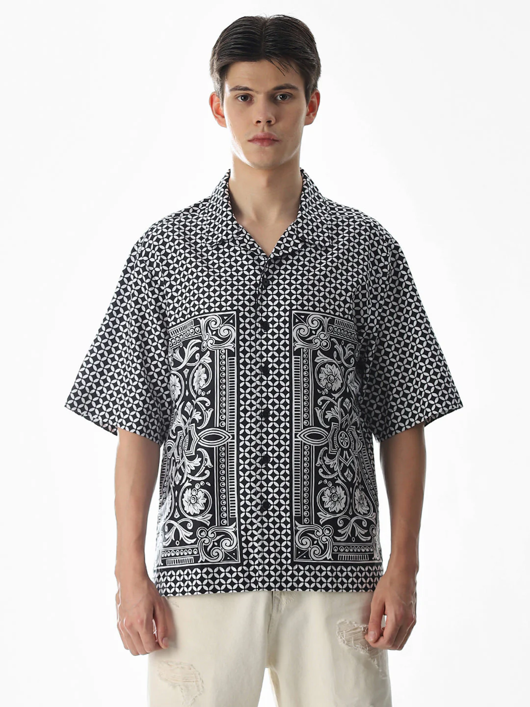Black Abstract Print Oversized Shirt - Image 8