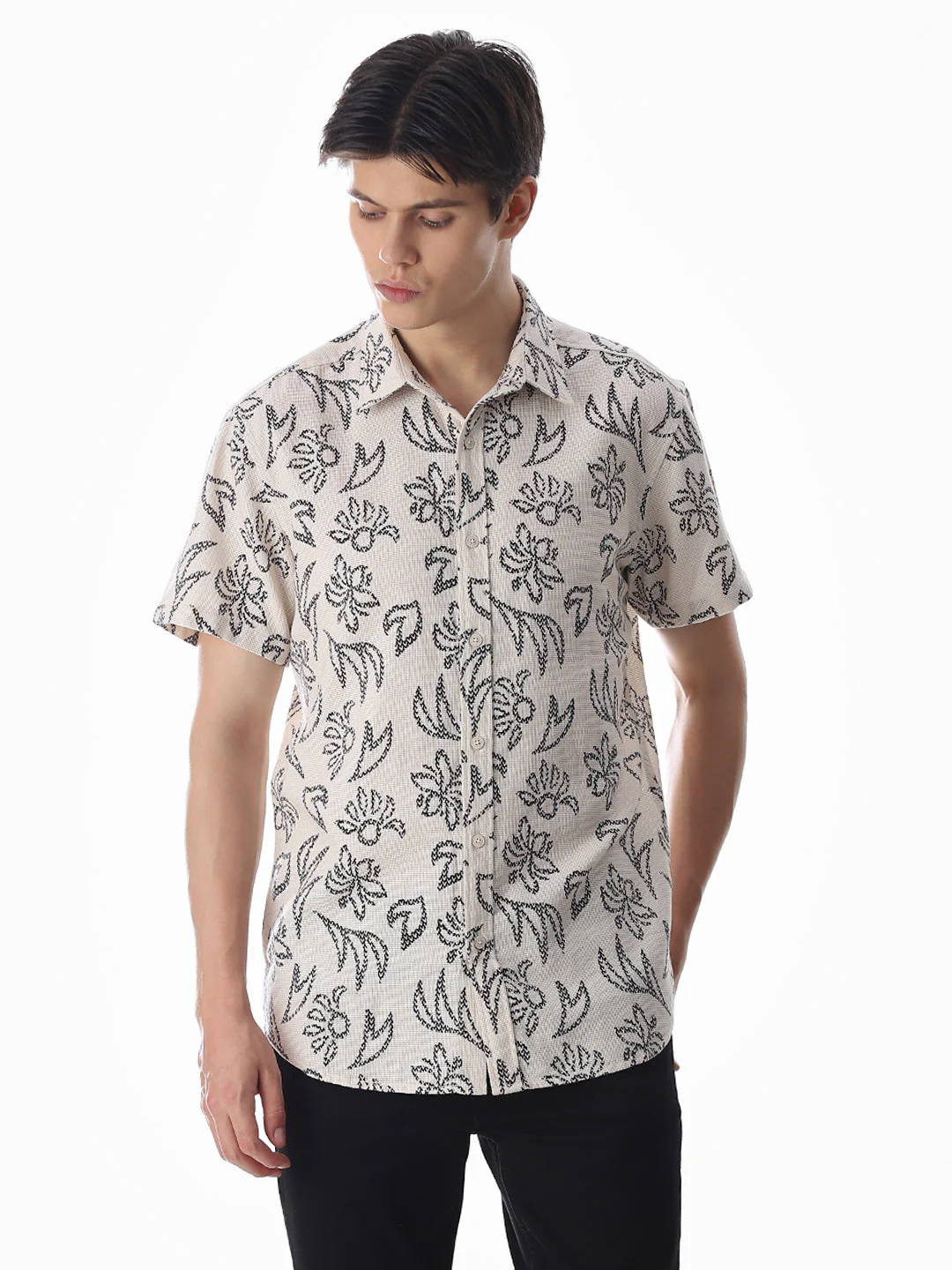 Beige Printed Comfort Fit Shirt - Image 2