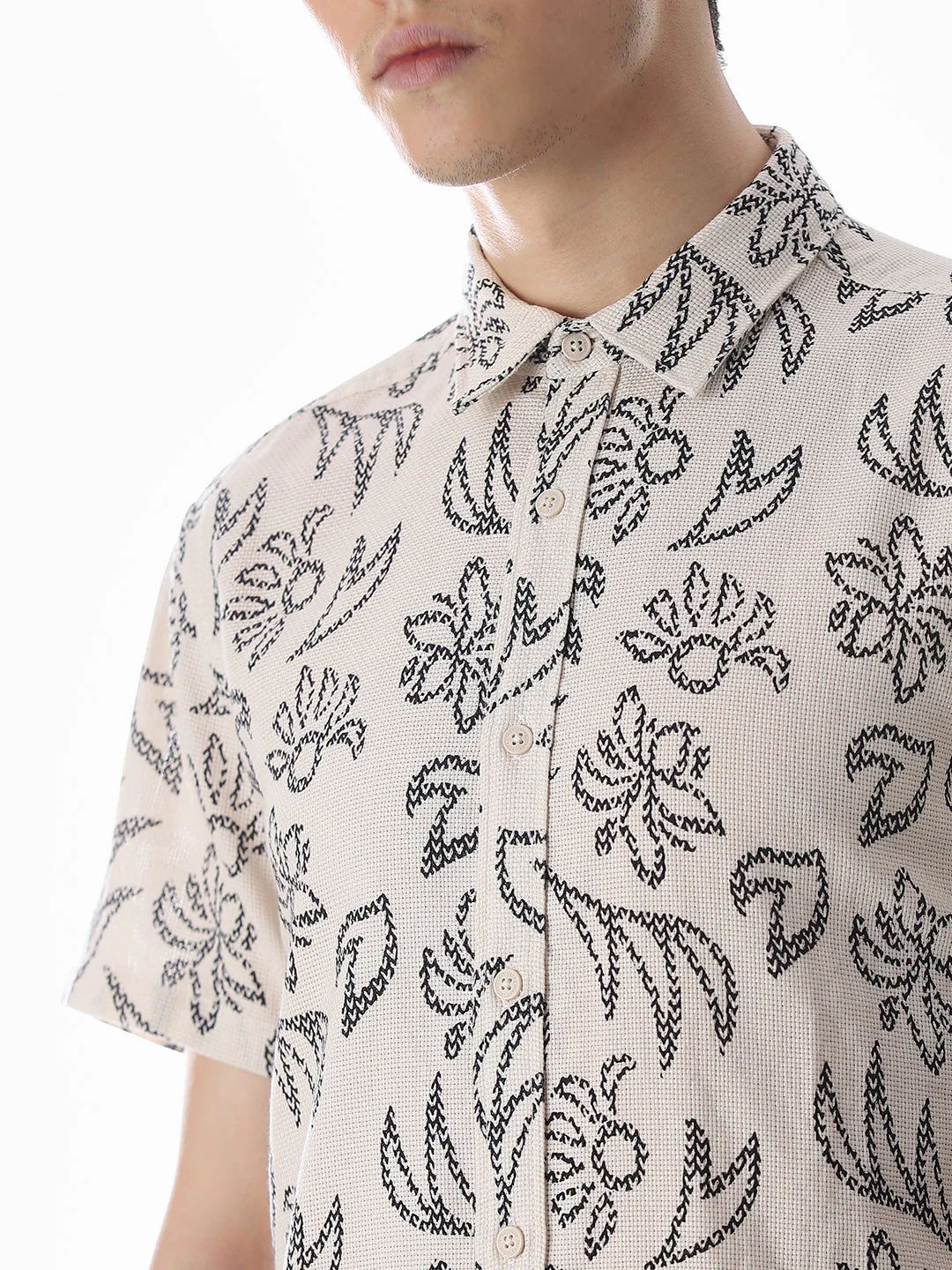 Beige Printed Comfort Fit Shirt - Image 5