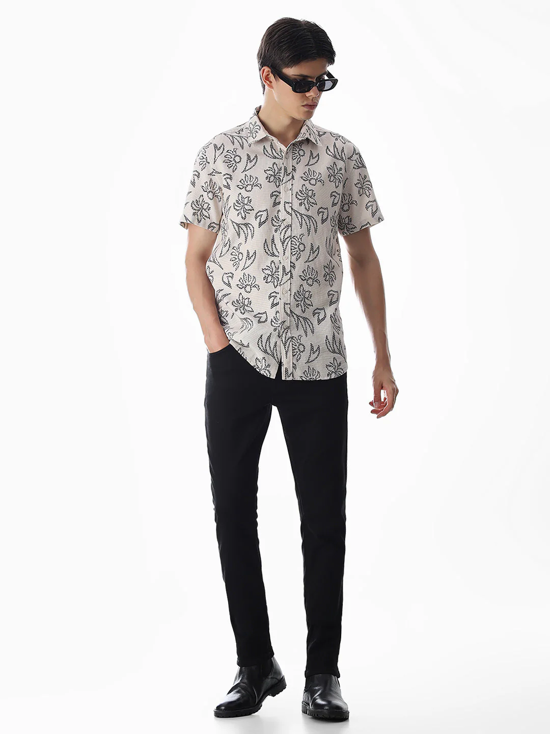 Beige Printed Comfort Fit Shirt - Image 6