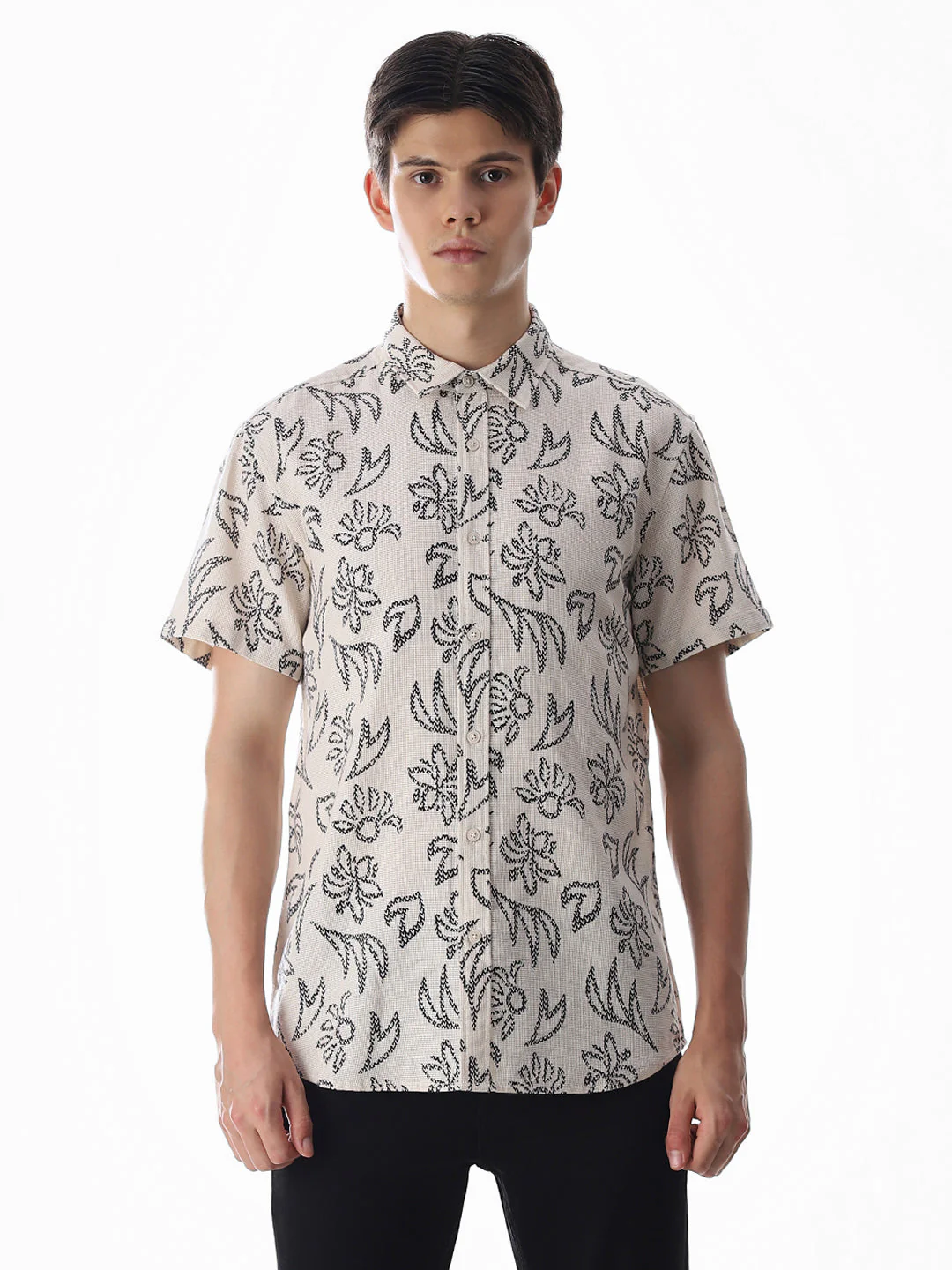 Beige Printed Comfort Fit Shirt - Image 8