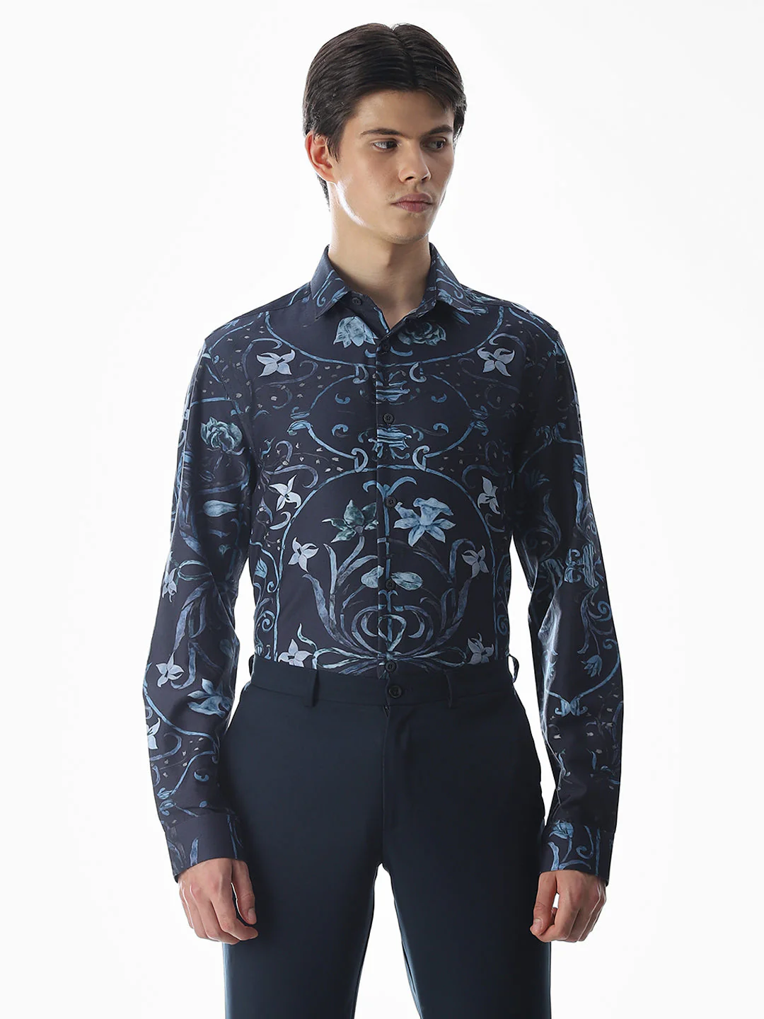Dark Blue Printed Cotton Shirt - Image 2