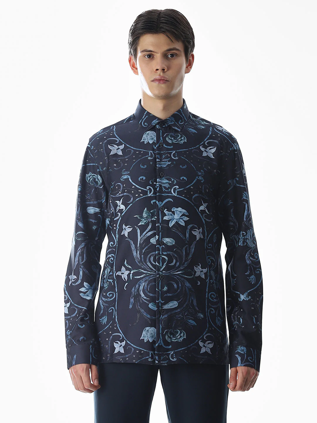 Dark Blue Printed Cotton Shirt - Image 8