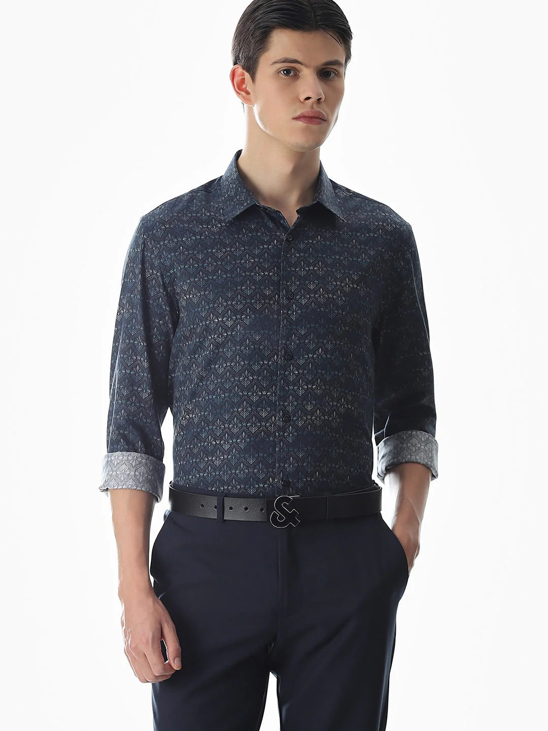 Dark Blue Printed Cotton Shirt