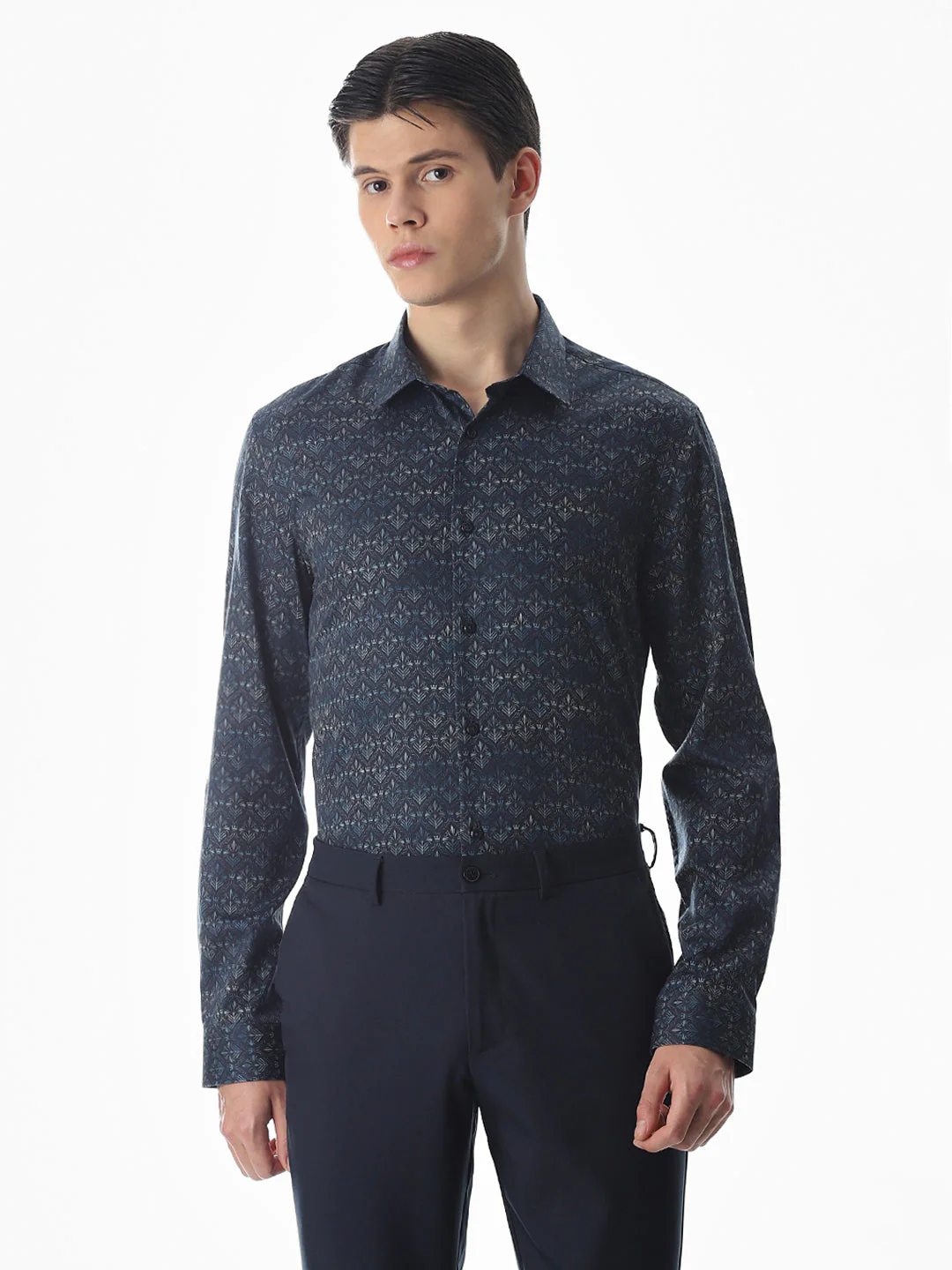 Dark Blue Printed Cotton Shirt - Image 2