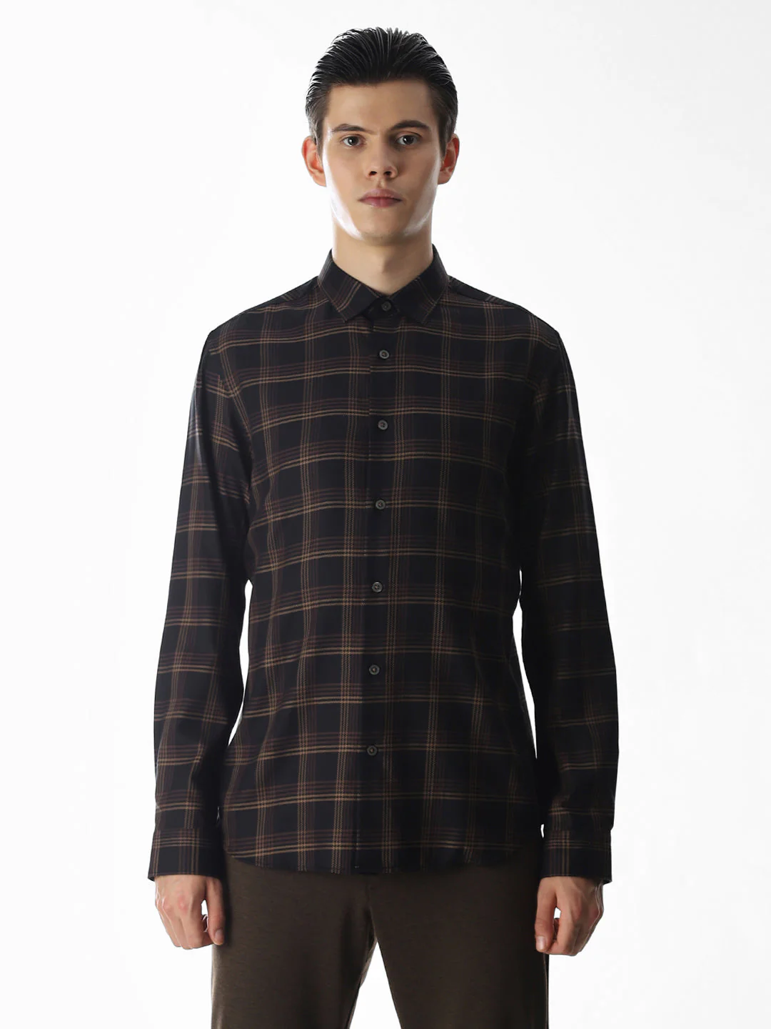 Dark Brown Check Cotton Shirt - Image 8