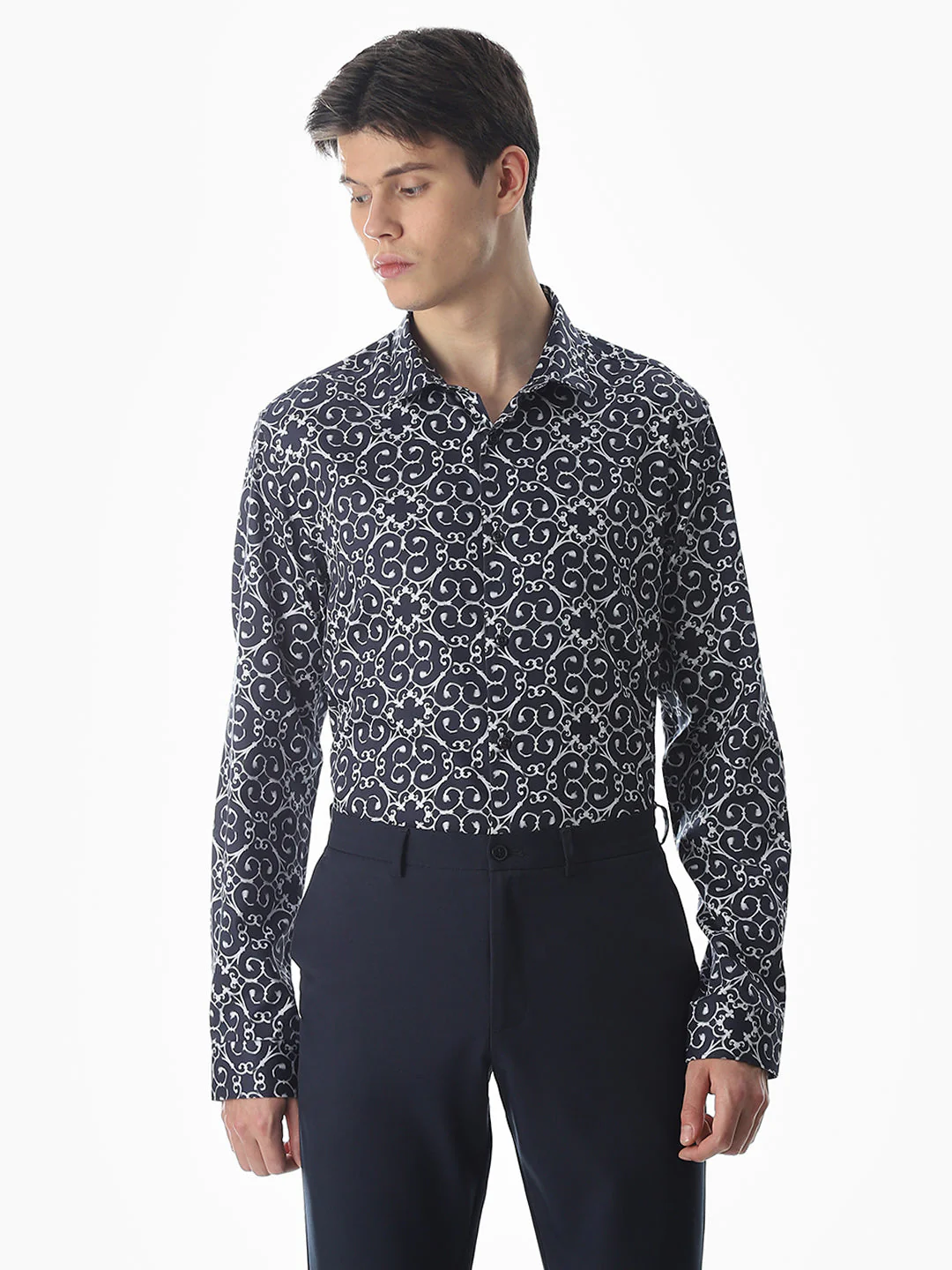 Dark Blue Printed Cotton Shirt - Image 2