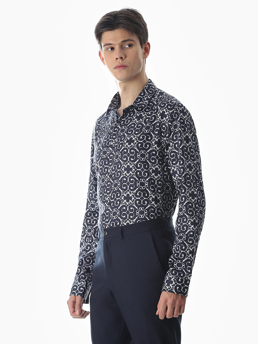 Dark Blue Printed Cotton Shirt - Image 3