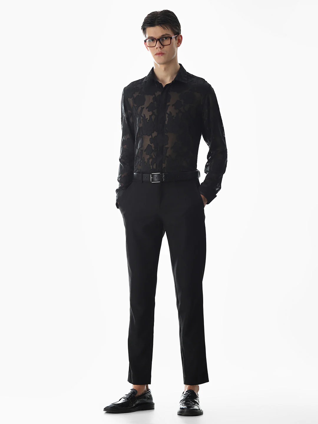 Black Jacquard Slim Fit Shirt - Image 6