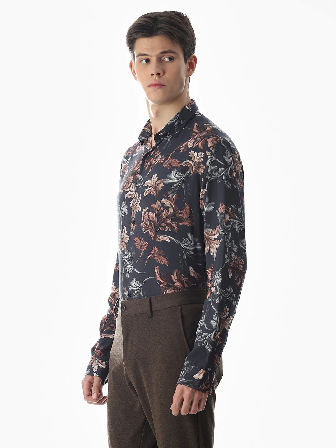 Black Printed Viscose Slim Fit Shirt - Image 3