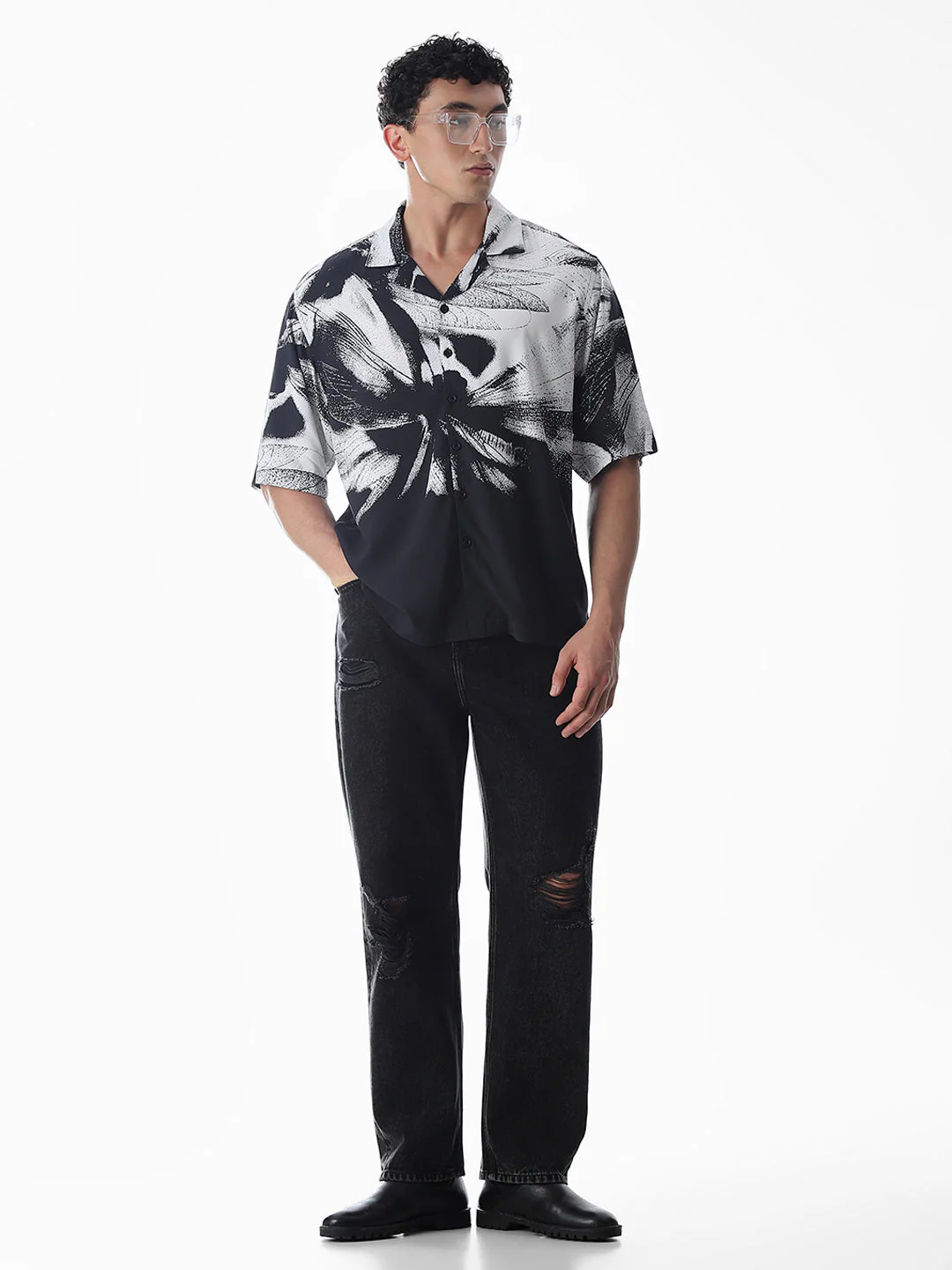 Black Abstract Print Viscose Shirt - Image 6