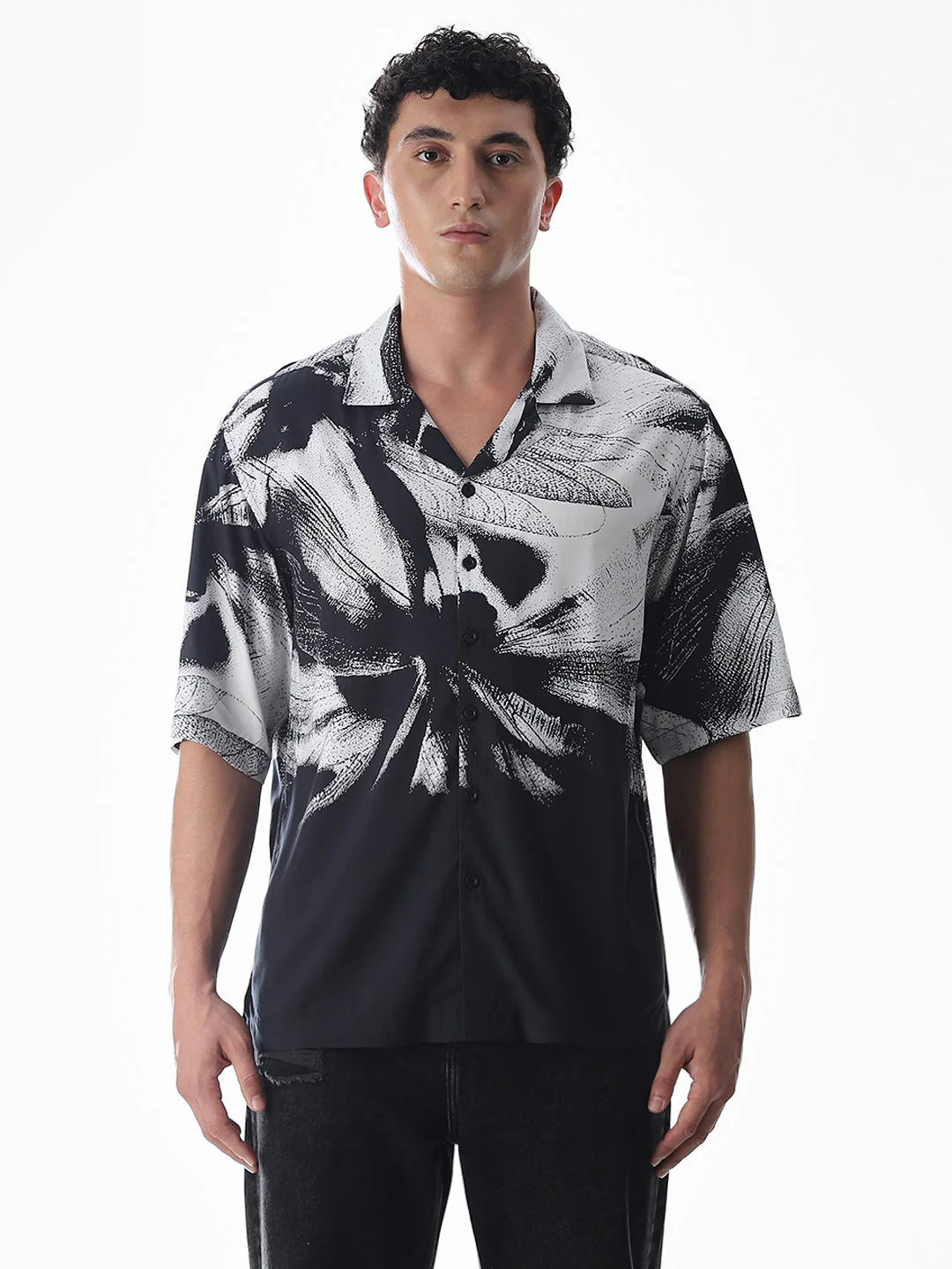 Black Abstract Print Viscose Shirt - Image 8