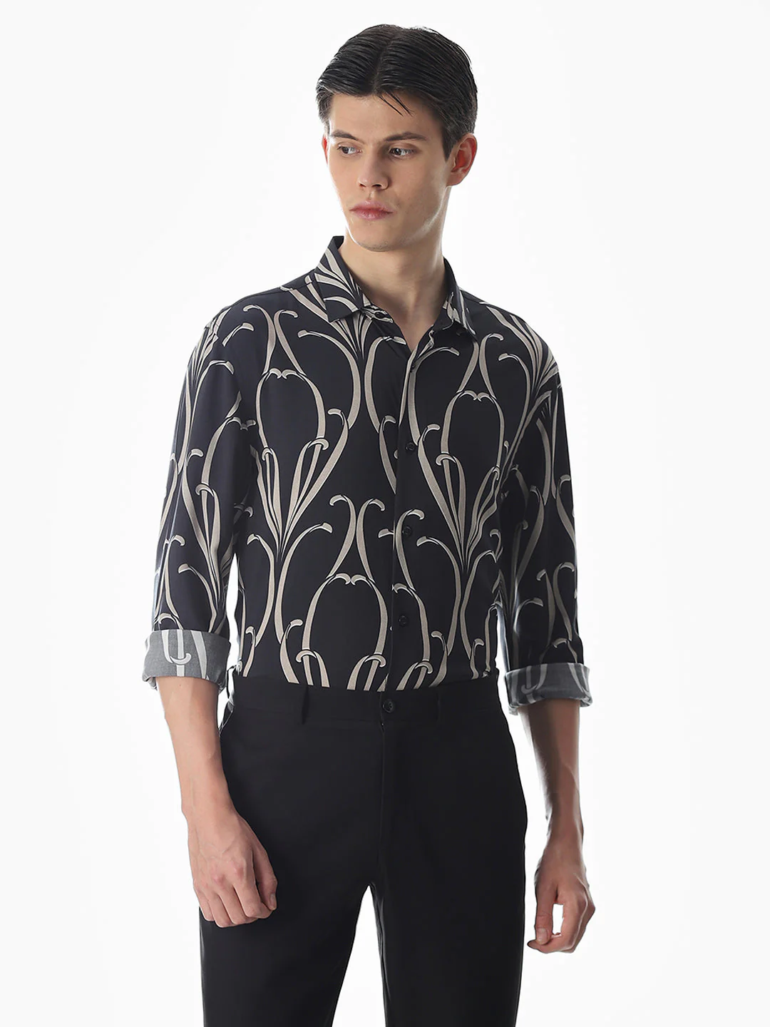 Black Printed Viscose Slim Fit Shirt - Image 2