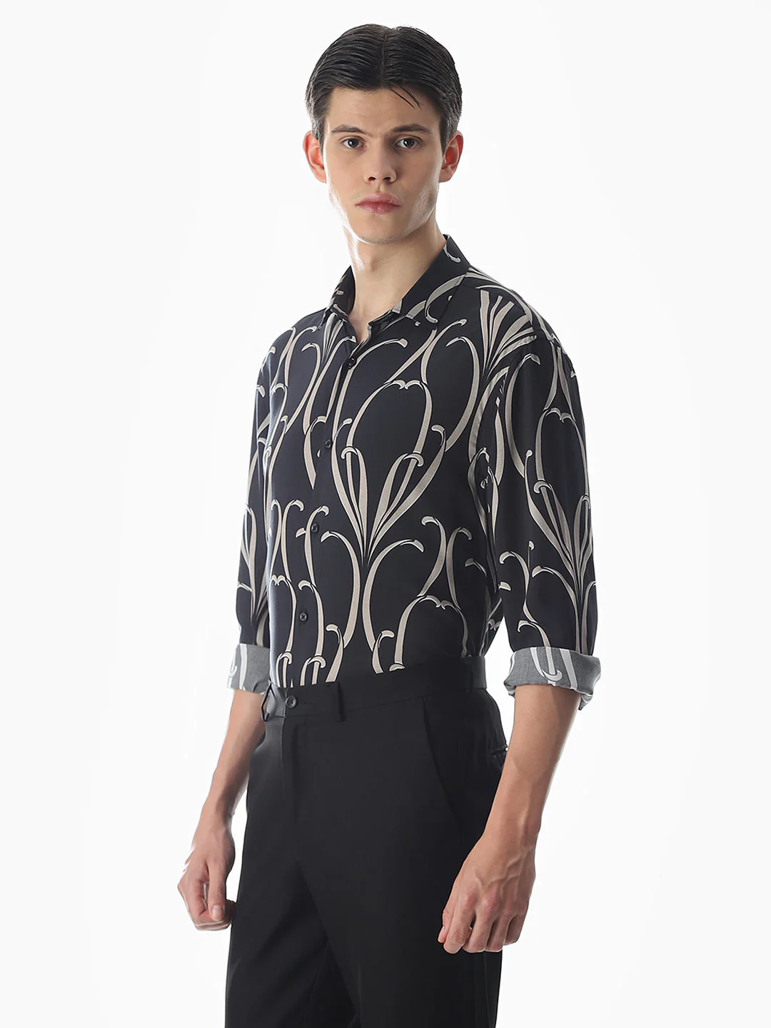 Black Printed Viscose Slim Fit Shirt - Image 3