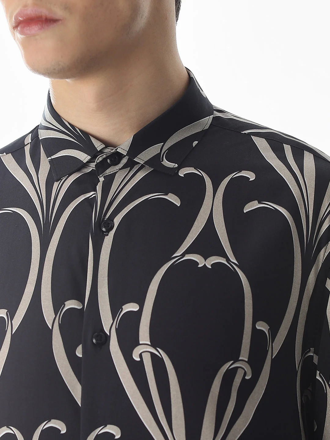 Black Printed Viscose Slim Fit Shirt - Image 5