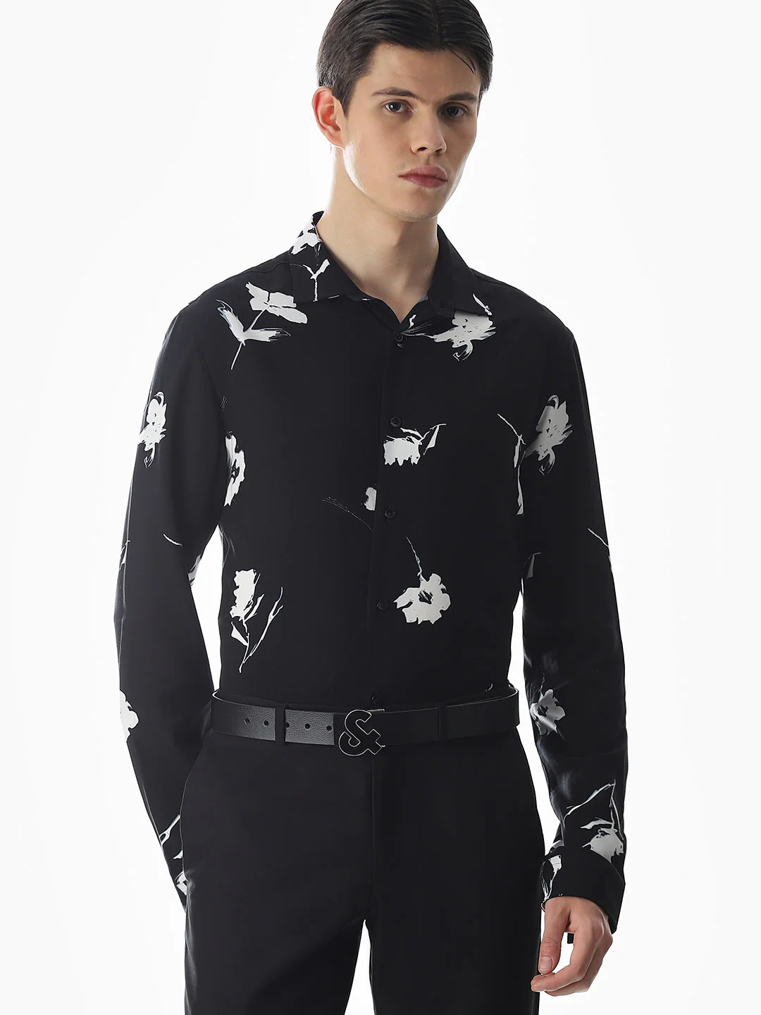 Black Viscose Floral Slim Fit Shirt
