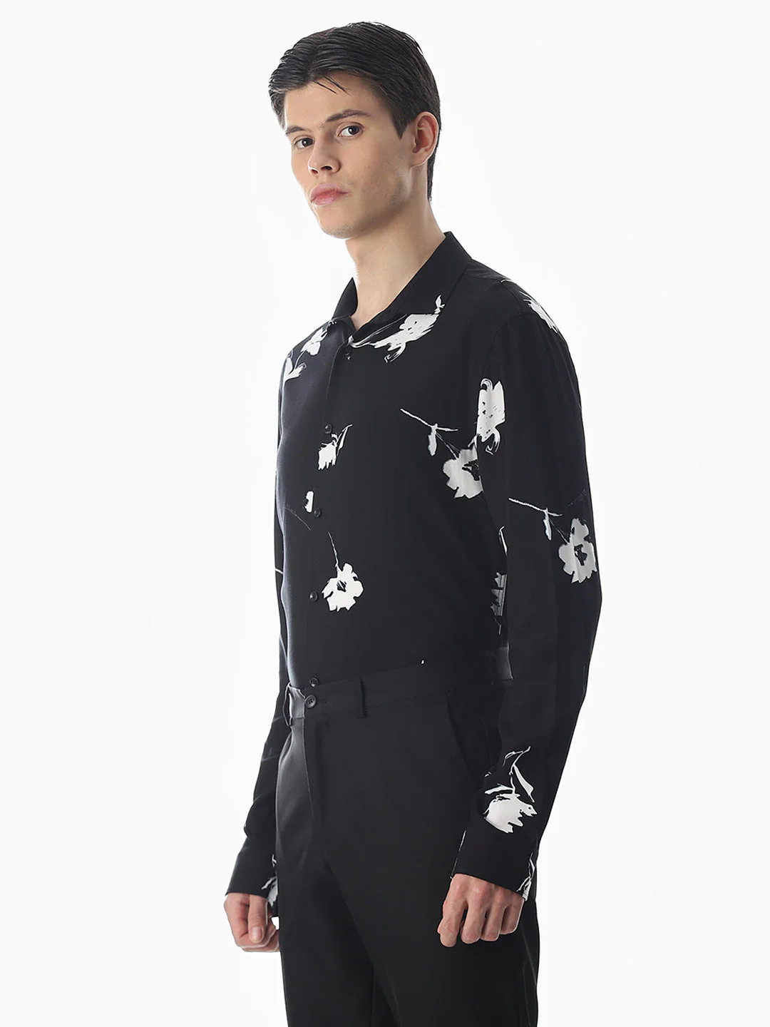 Black Viscose Floral Slim Fit Shirt - Image 3