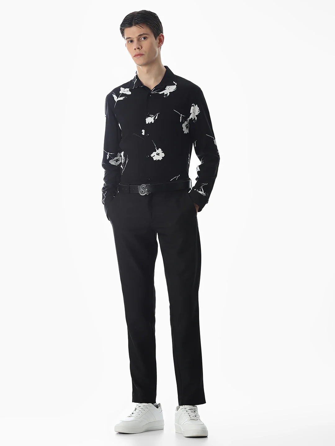 Black Viscose Floral Slim Fit Shirt - Image 6
