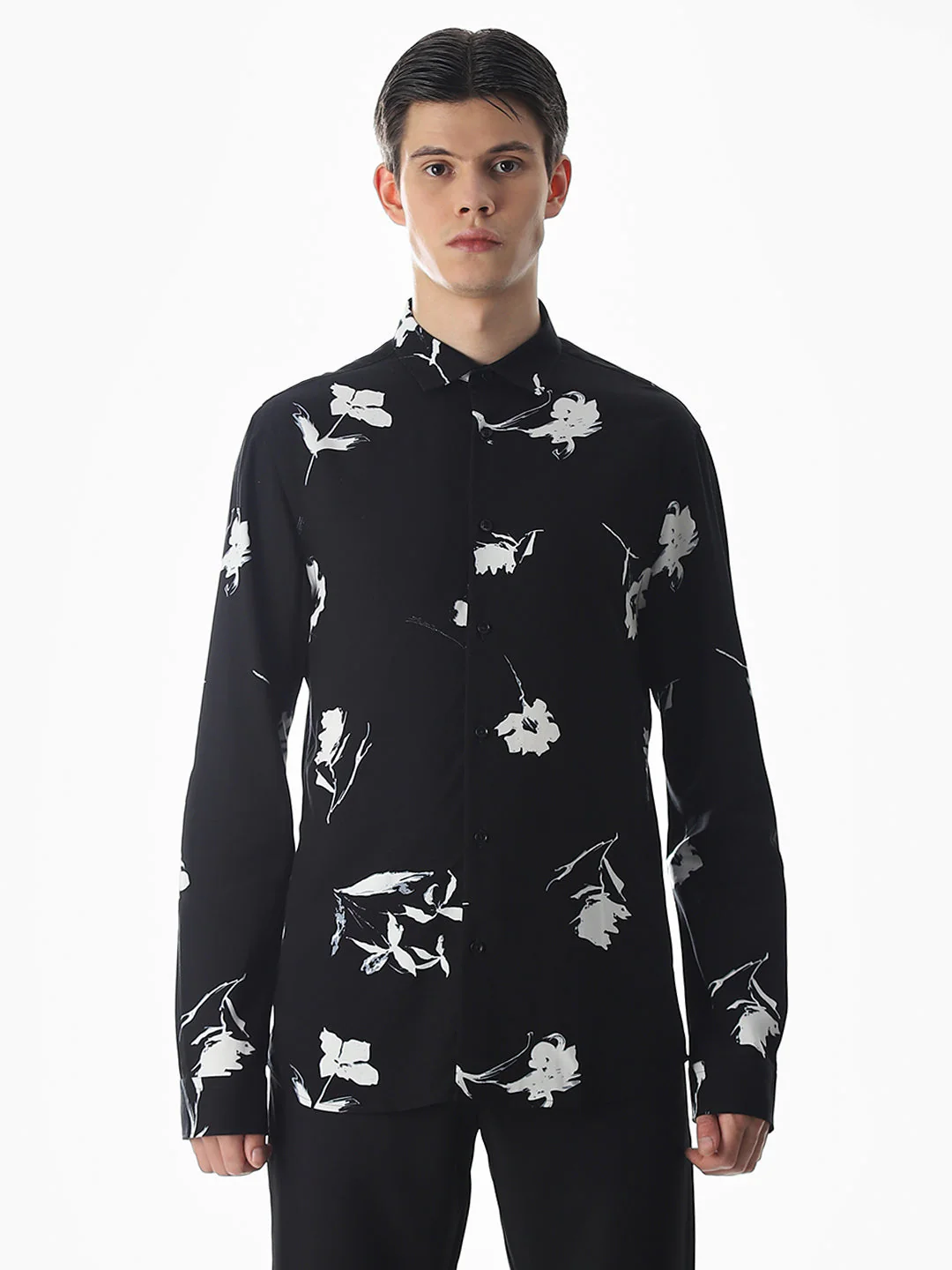 Black Viscose Floral Slim Fit Shirt - Image 8