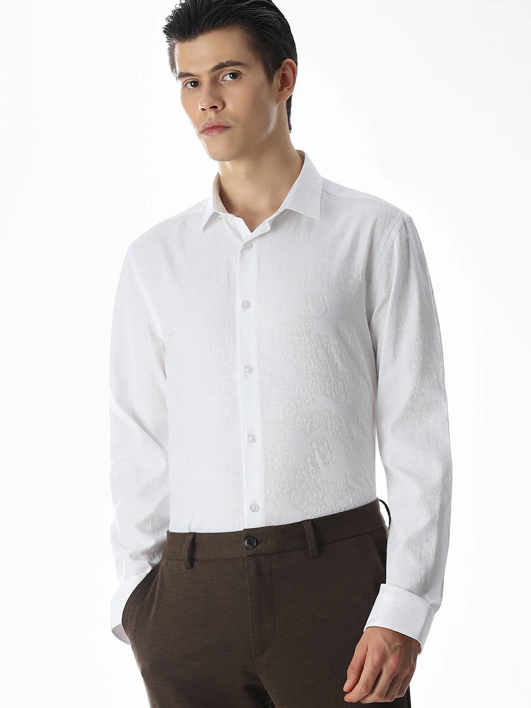 White Dobby Printed Shirt