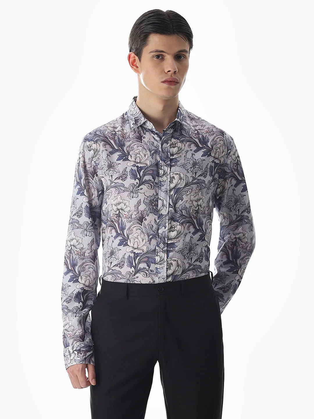 Blue Printed Slim Fit Shirt - Image 2