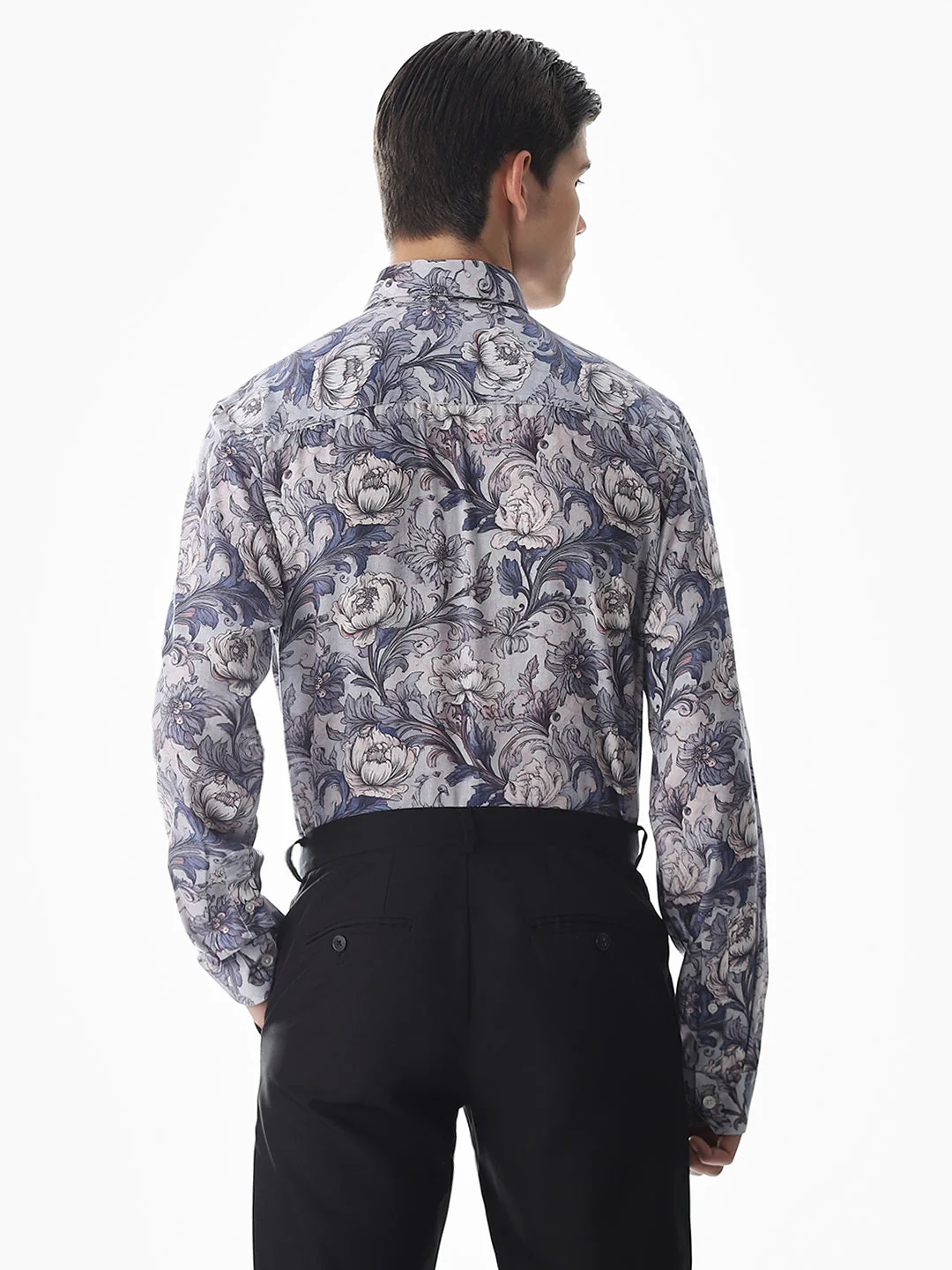Blue Printed Slim Fit Shirt - Image 4