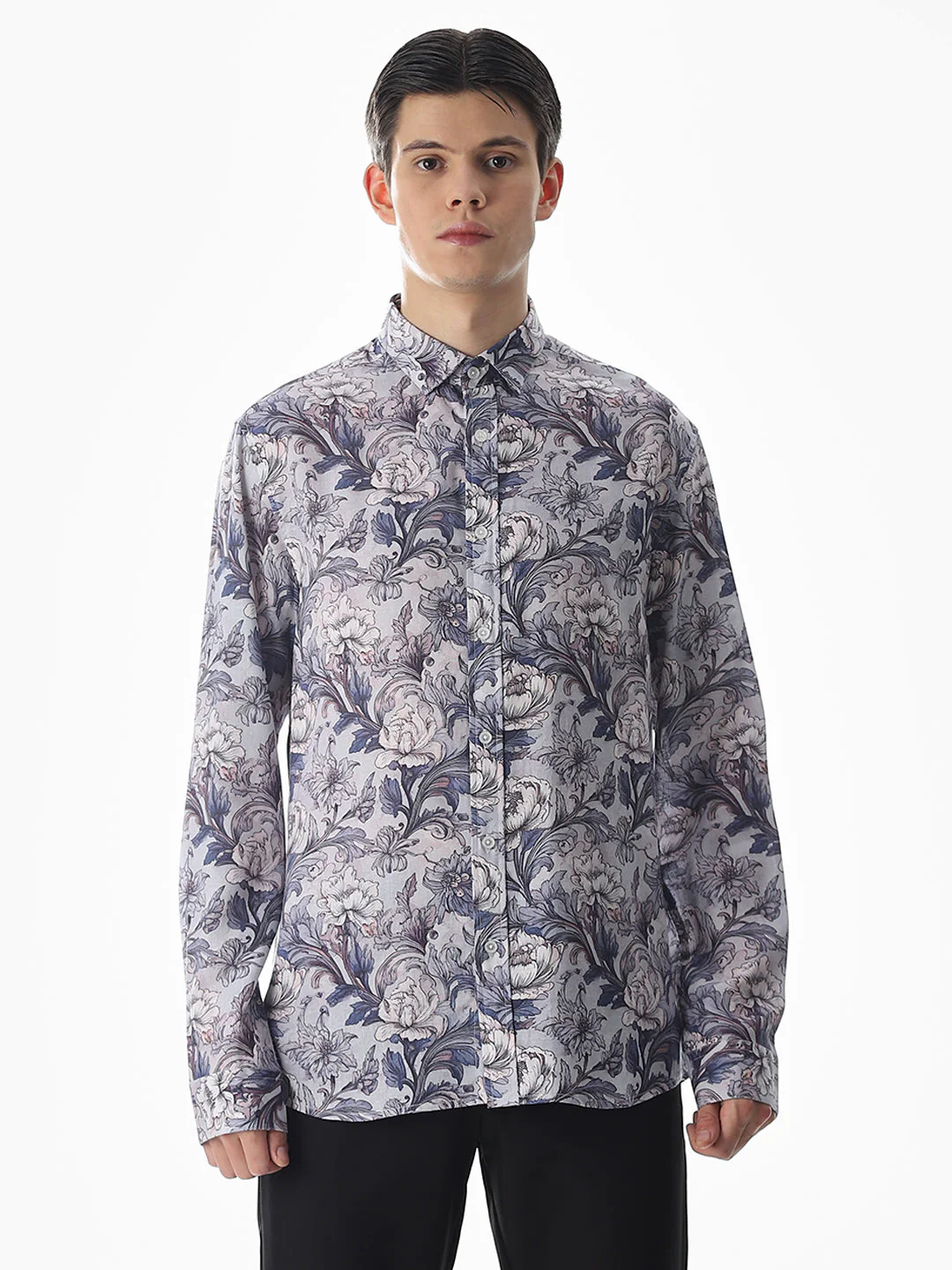 Blue Printed Slim Fit Shirt - Image 8