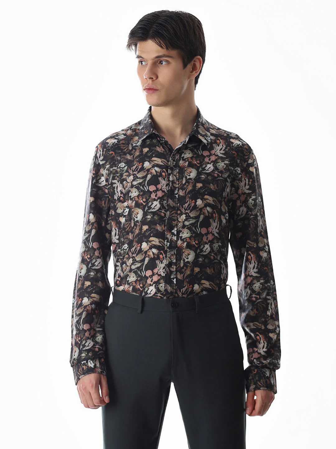 Olive Green Floral Slim Fit Shirt - Image 2