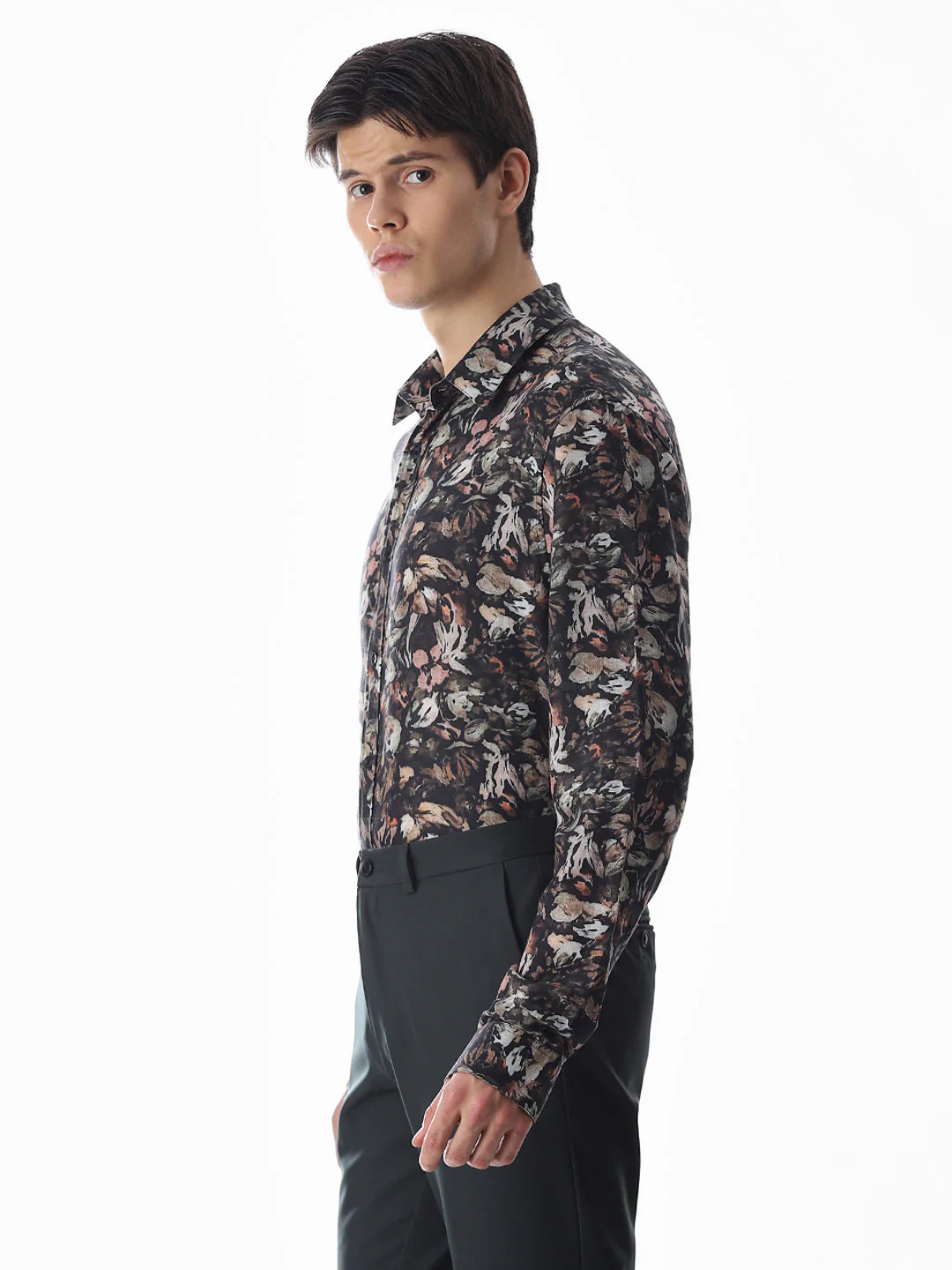 Olive Green Floral Slim Fit Shirt - Image 3