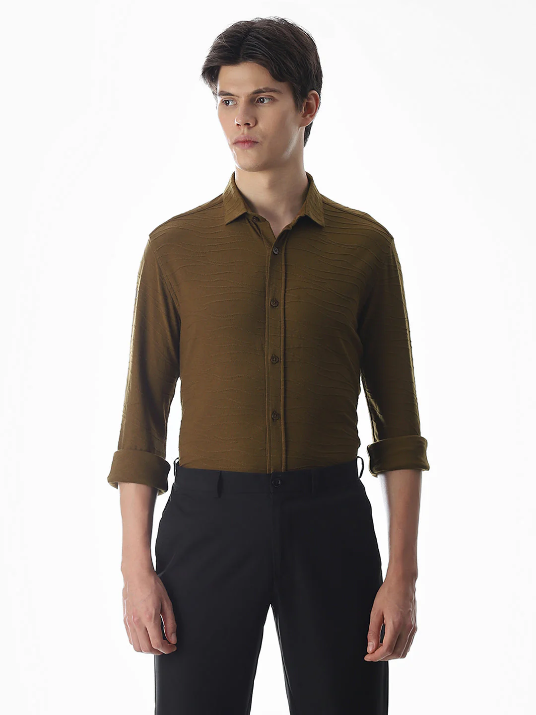 Brown Knitted Slim Fit Shirt - Image 2