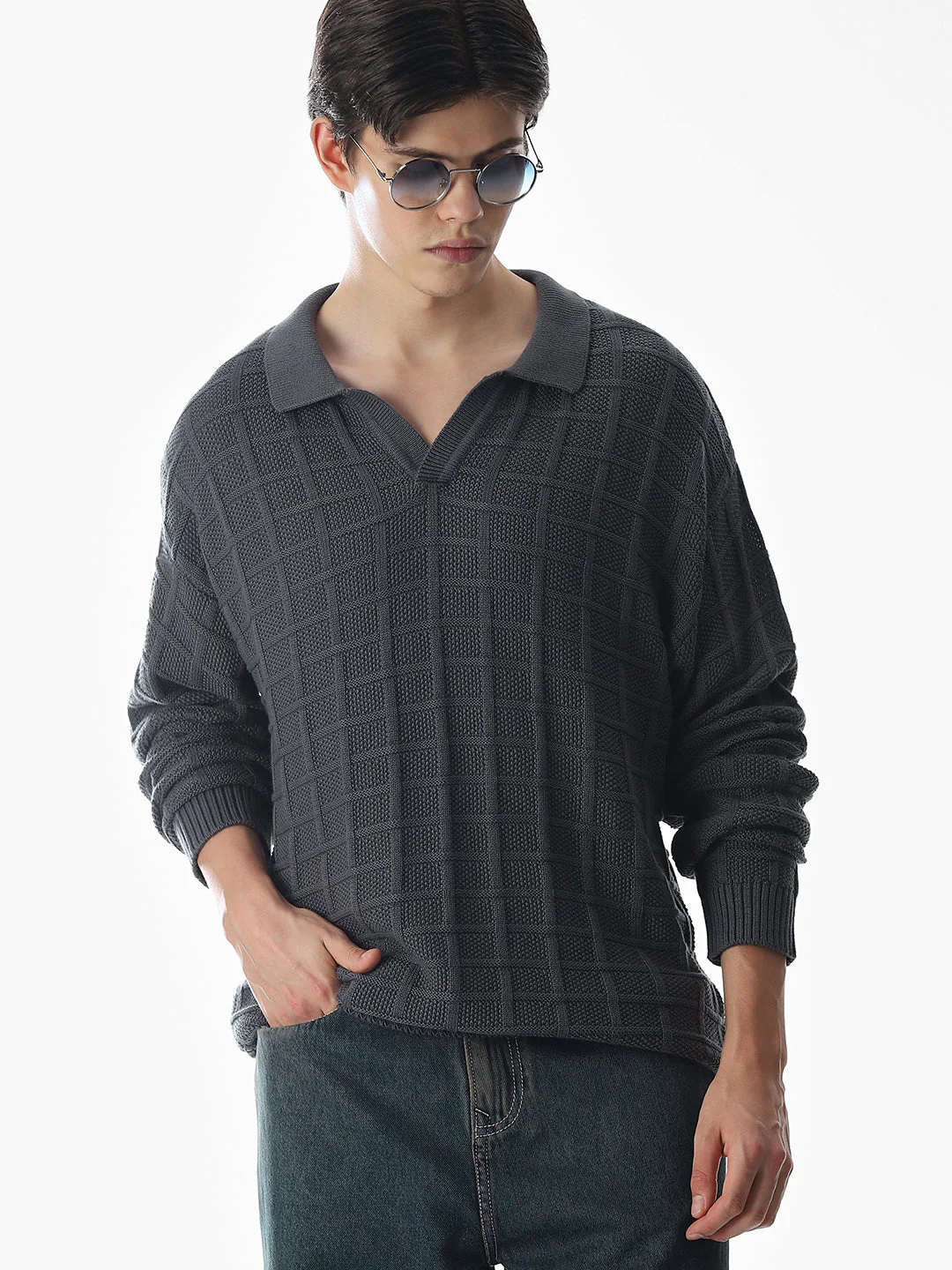Grey Jacquard Knitted Polo