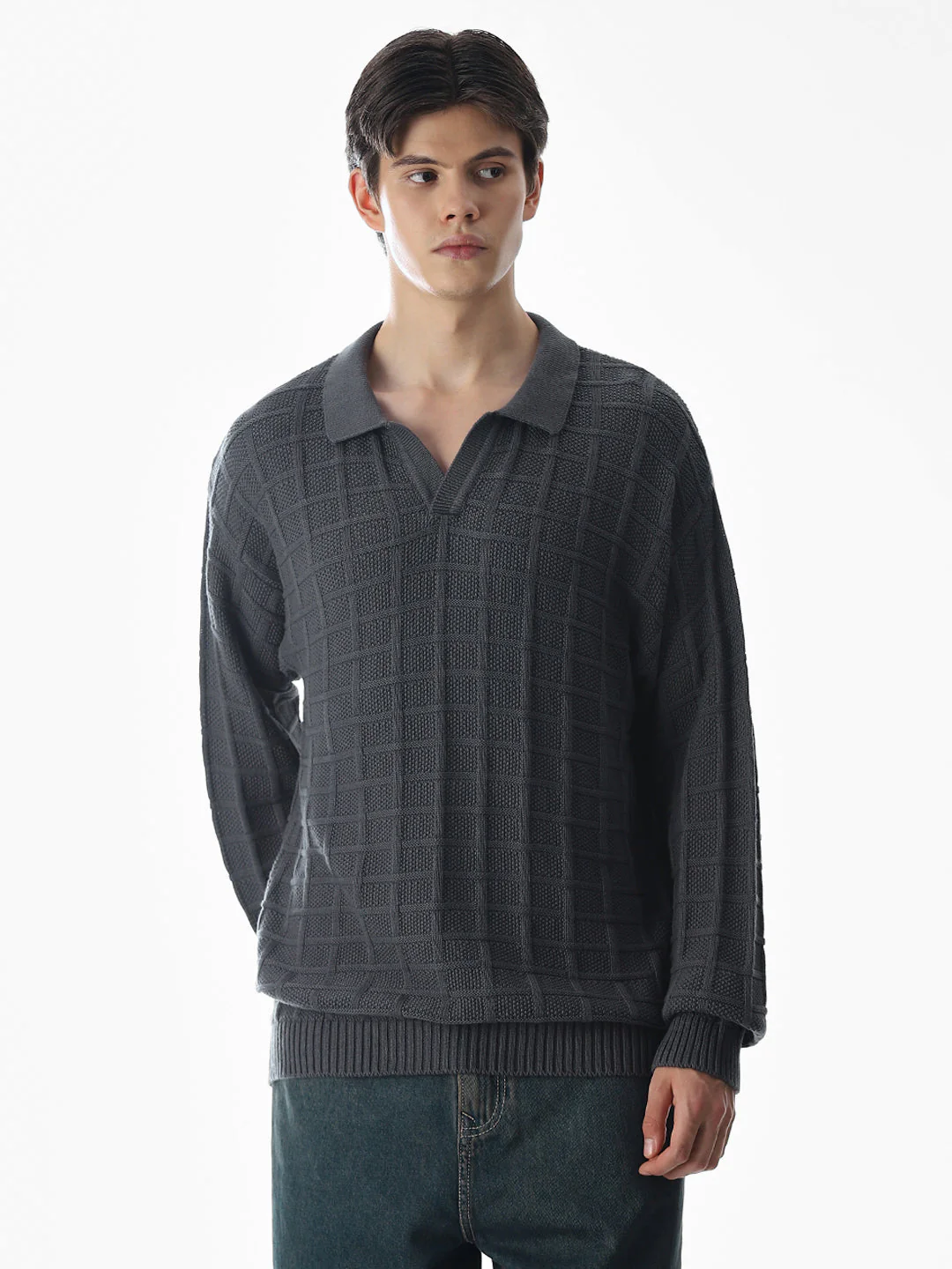 Grey Jacquard Knitted Polo - Image 2