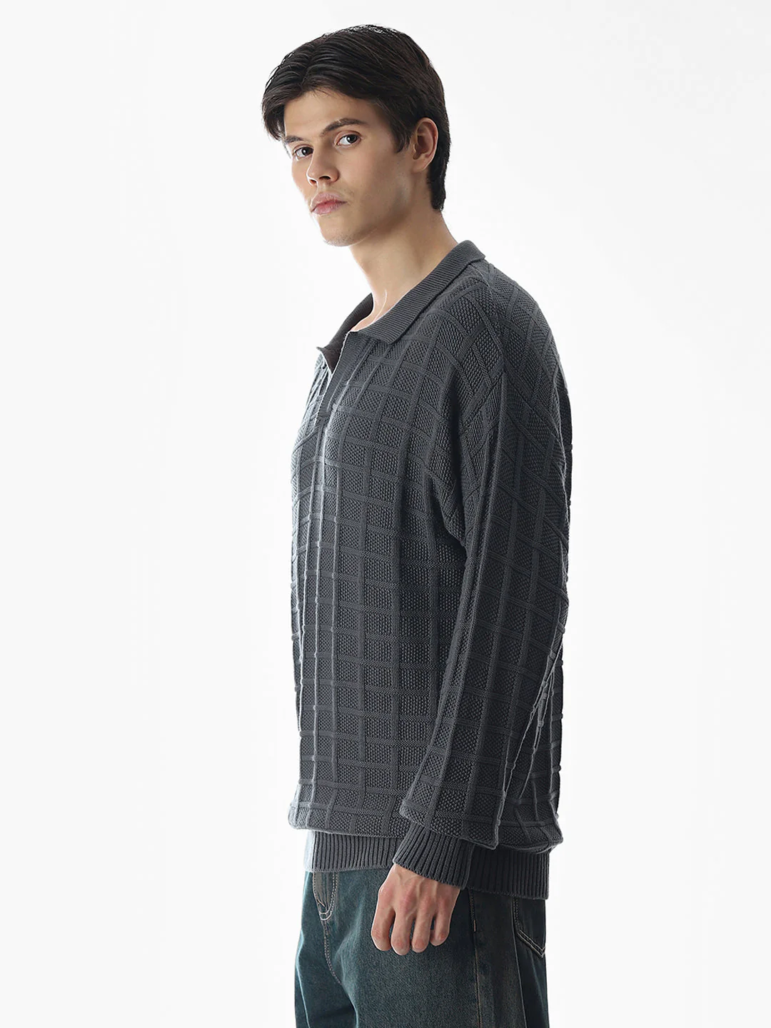 Grey Jacquard Knitted Polo - Image 3