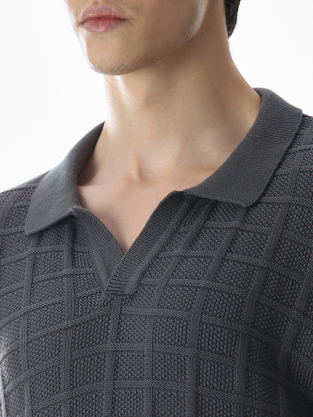 Grey Jacquard Knitted Polo - Image 5