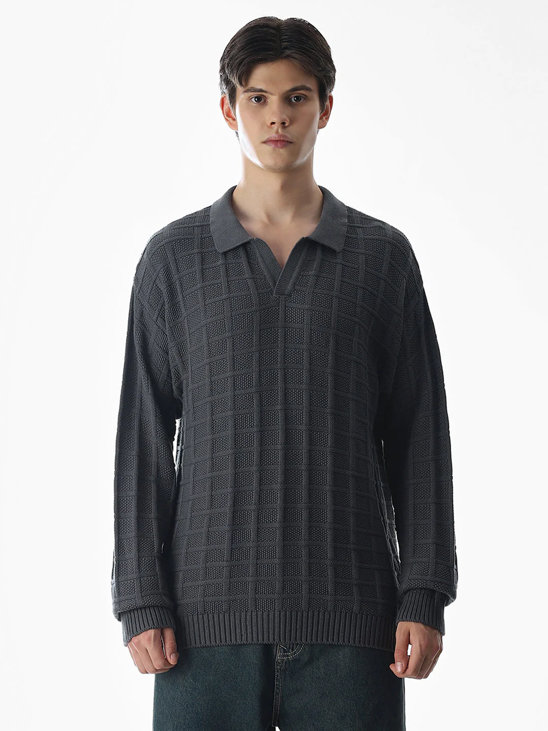 Grey Jacquard Knitted Polo - Image 8