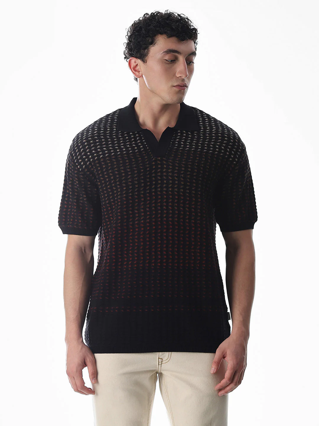 Black Jacquard Knitted Boxy Fit Polo - Image 2