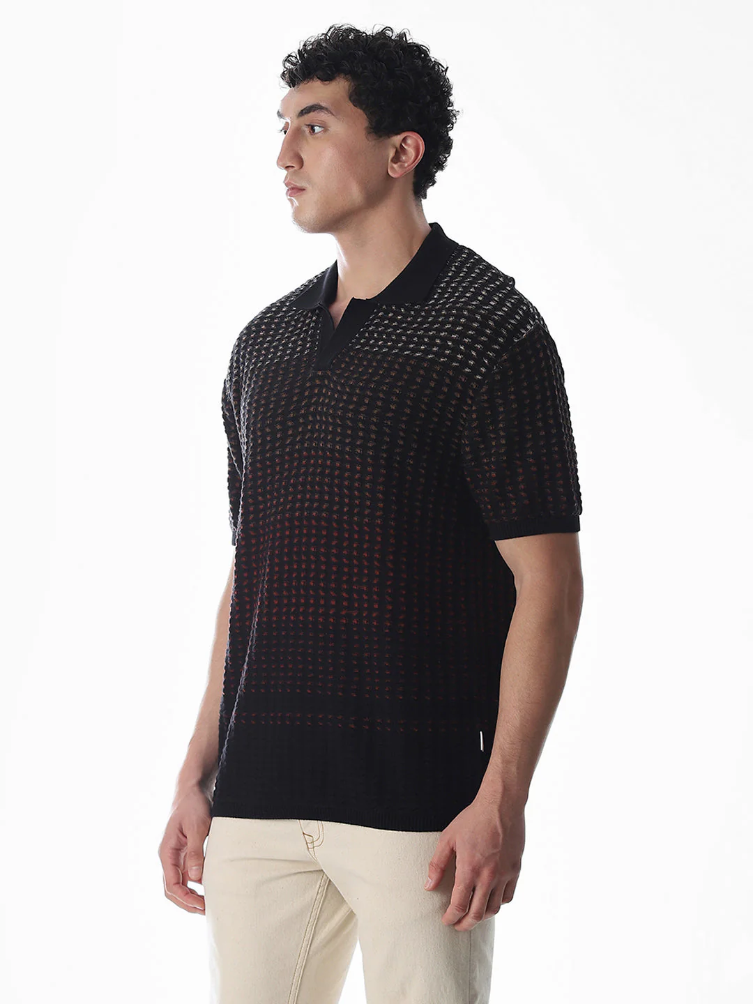 Black Jacquard Knitted Boxy Fit Polo - Image 3