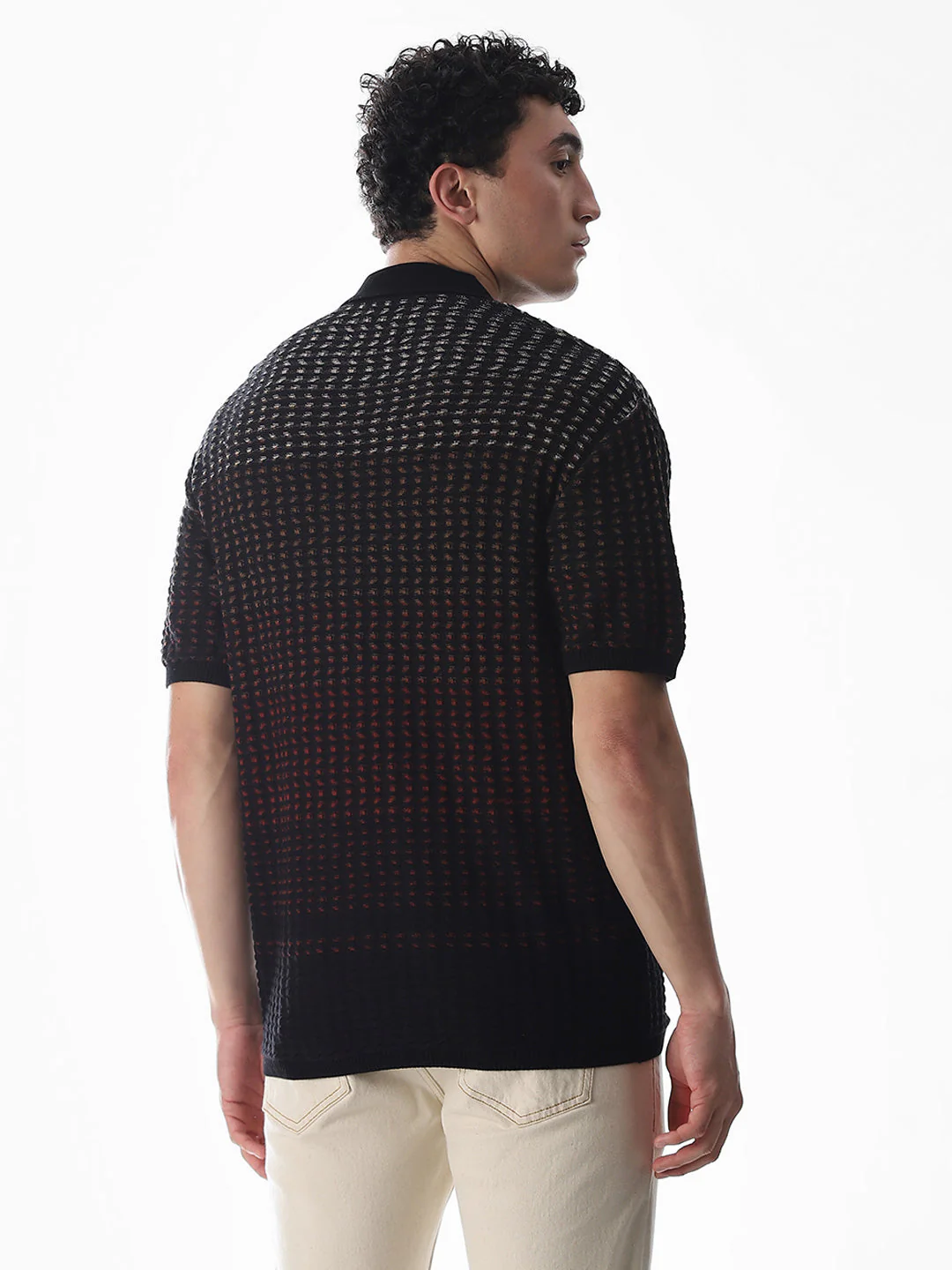 Black Jacquard Knitted Boxy Fit Polo - Image 4