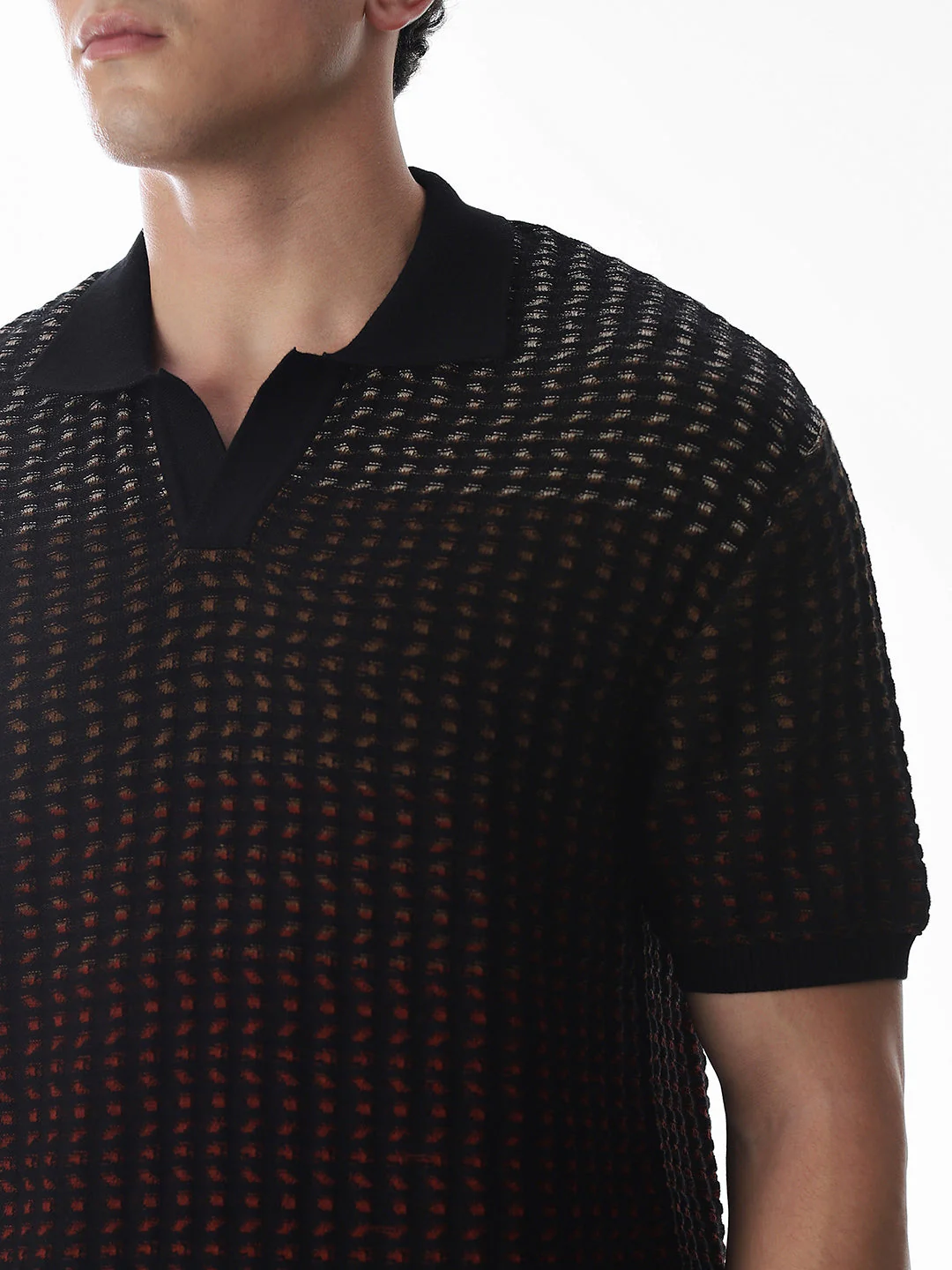 Black Jacquard Knitted Boxy Fit Polo - Image 5