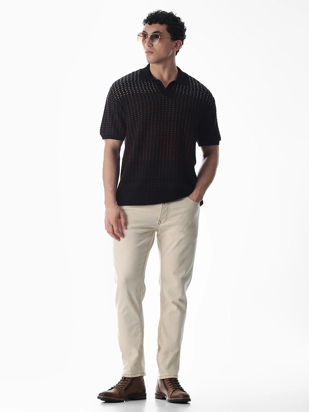 Black Jacquard Knitted Boxy Fit Polo - Image 6